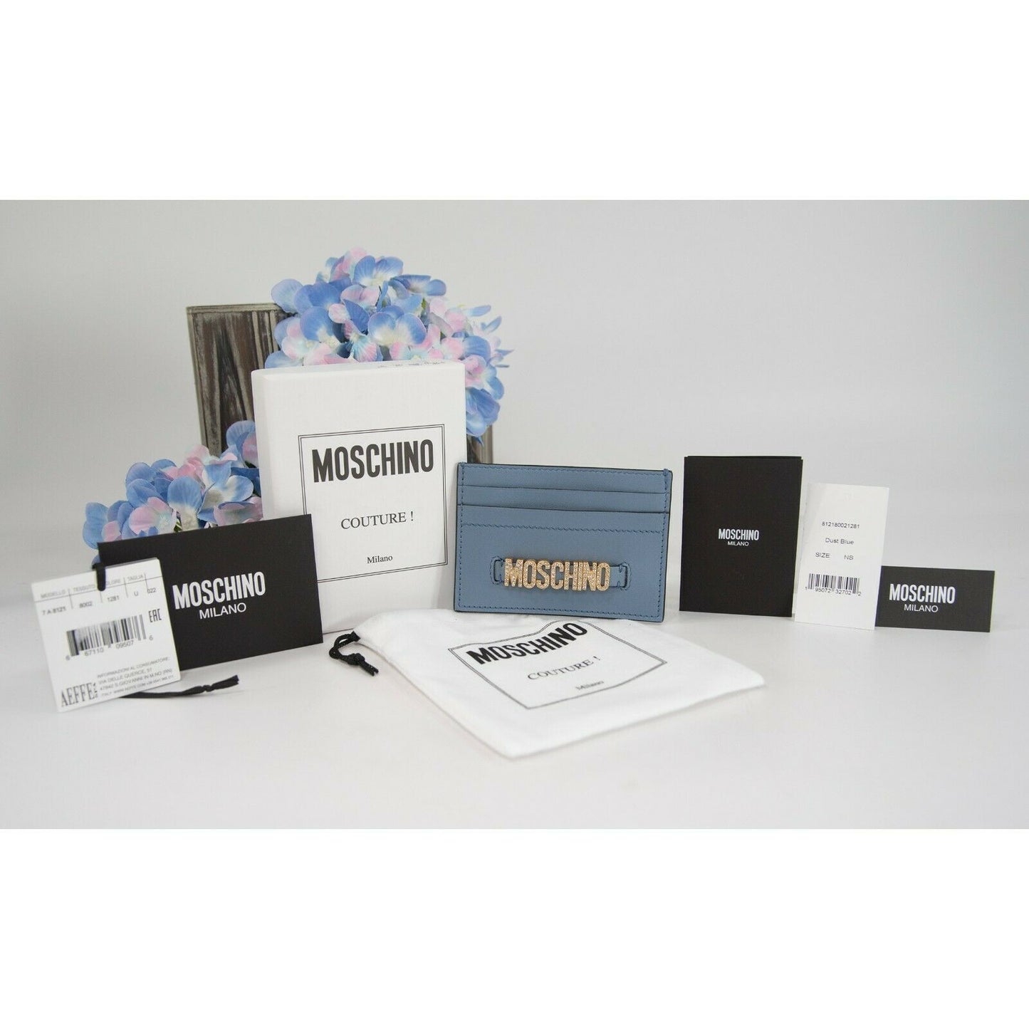 Moschino Couture Dust Blue Crystal Logo Leather Card Case Holder NWT
