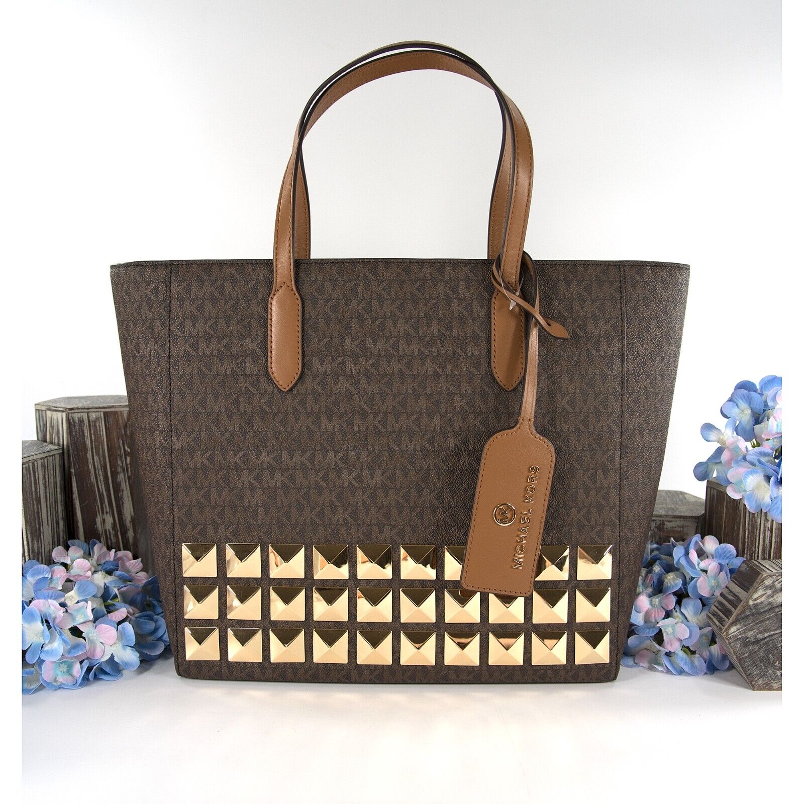 Michael Kors Brown Monogram Acorn Leather Sinclair Large Studded Tote –  Design Her Boutique