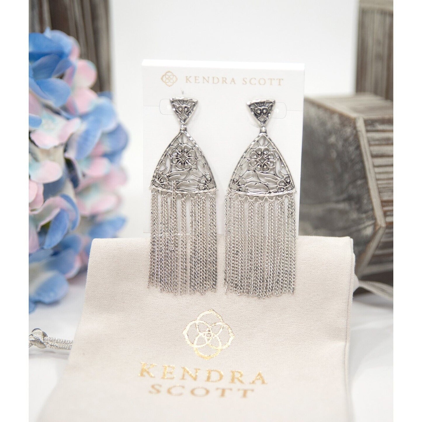 Kendra Scott Ana Floral Fringe Rhodium Drop Dangle Statement Earrings NWT