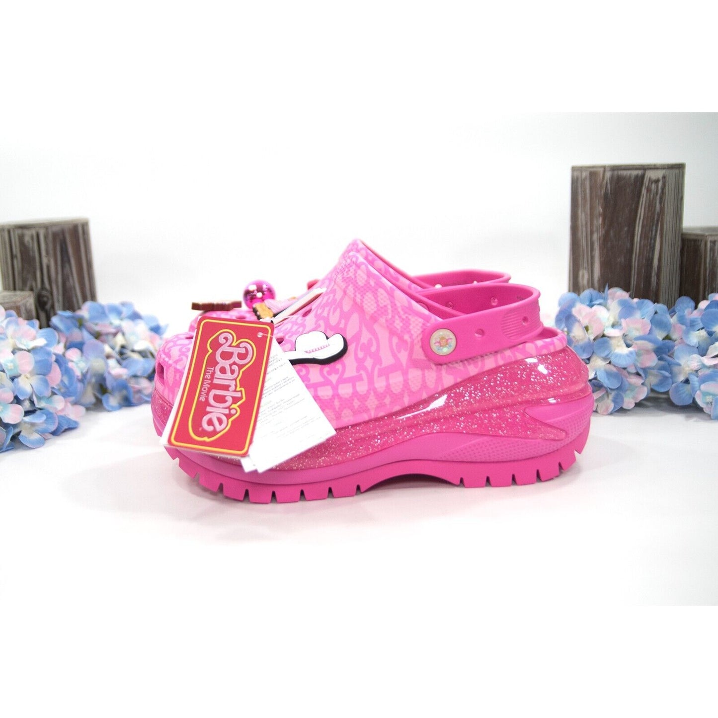 Crocs X Barbie The Movie Electric Pink Mega Crush Clog with Jibbitz NWT