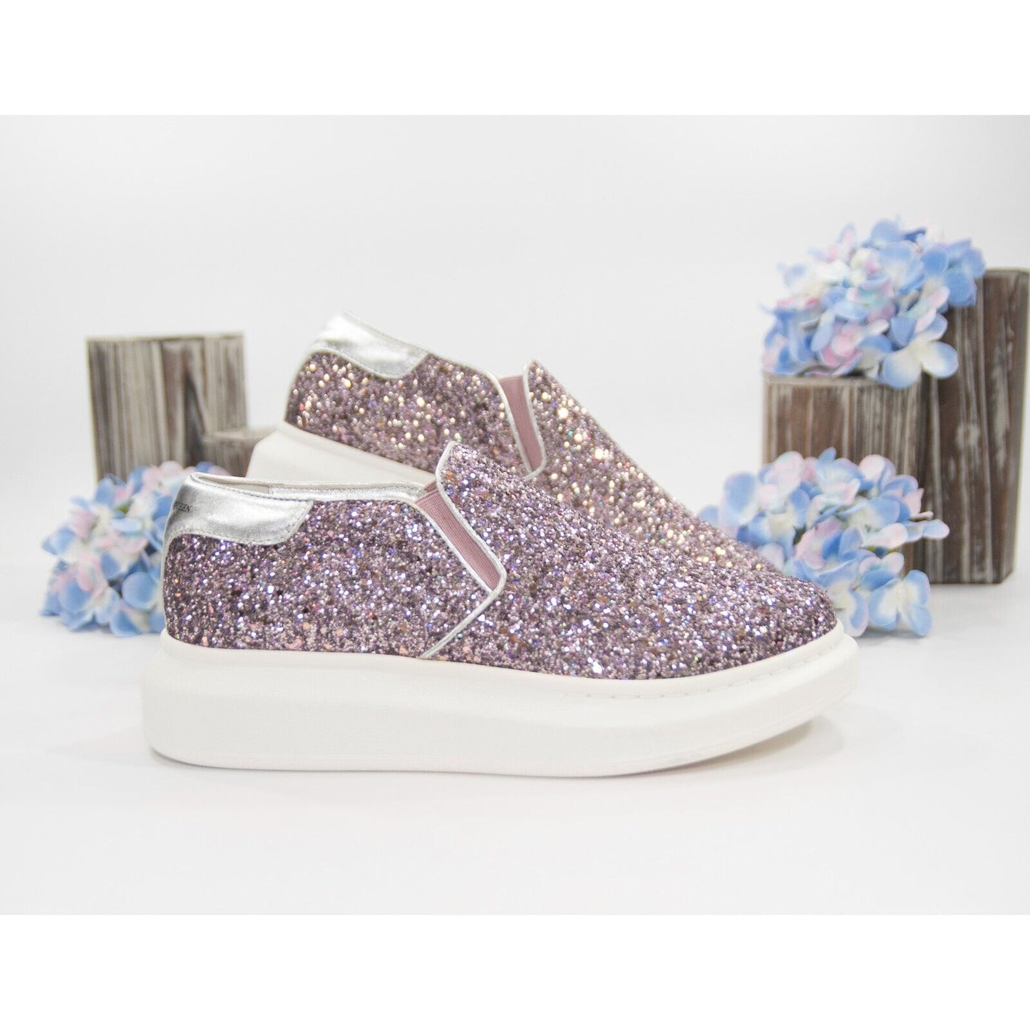 Alexander McQueen Multi Glitter Leather Slip On Oversize Sneakers 39.5 NWOB