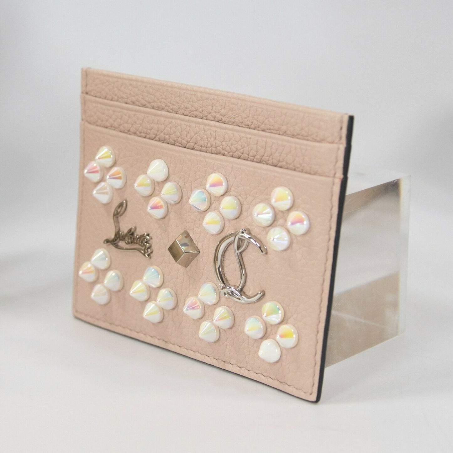 Christian Louboutin Kios Iridescent Studded Pink Leather Card Case Wallet NWT