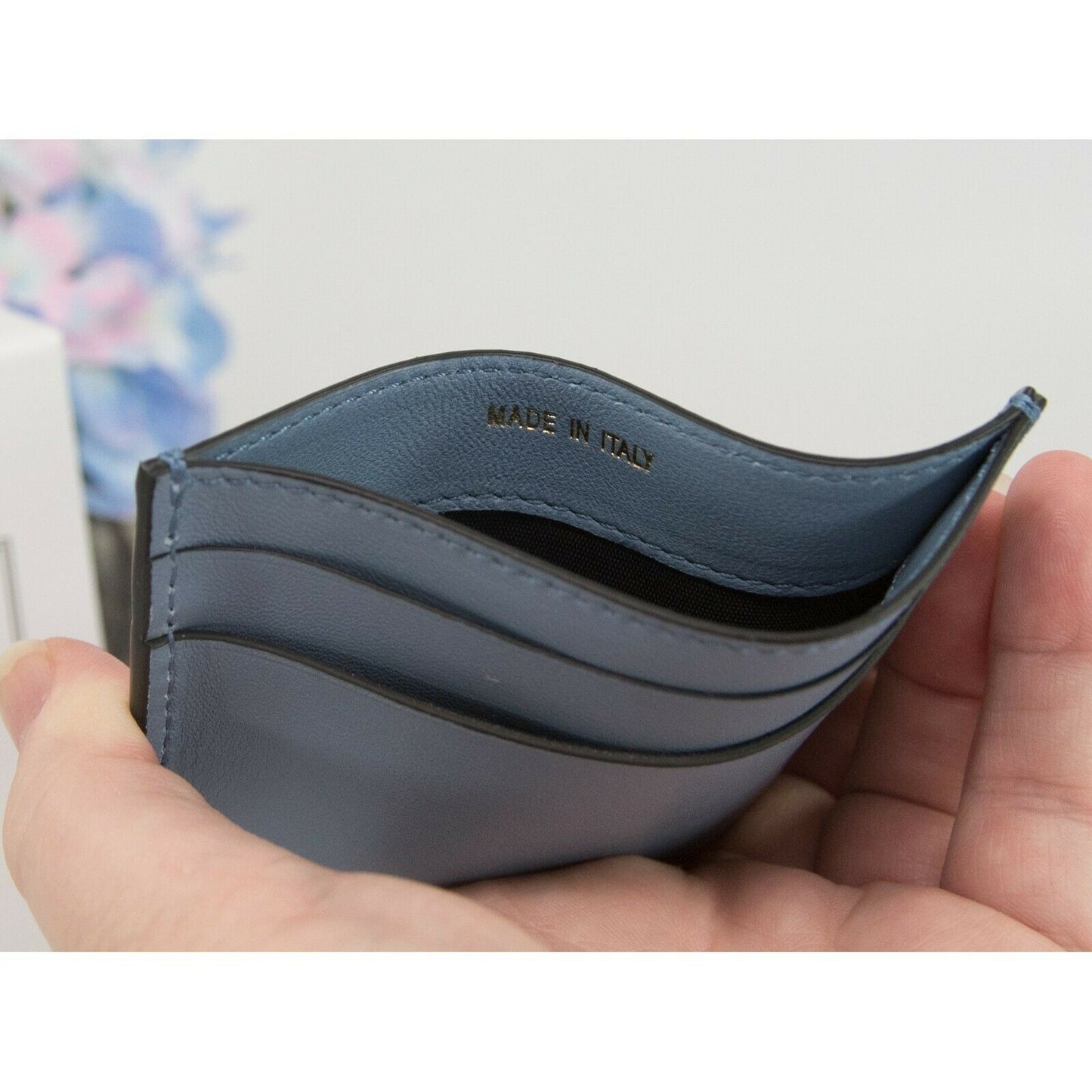 Moschino Couture Dust Blue Crystal Logo Leather Card Case Holder NWT