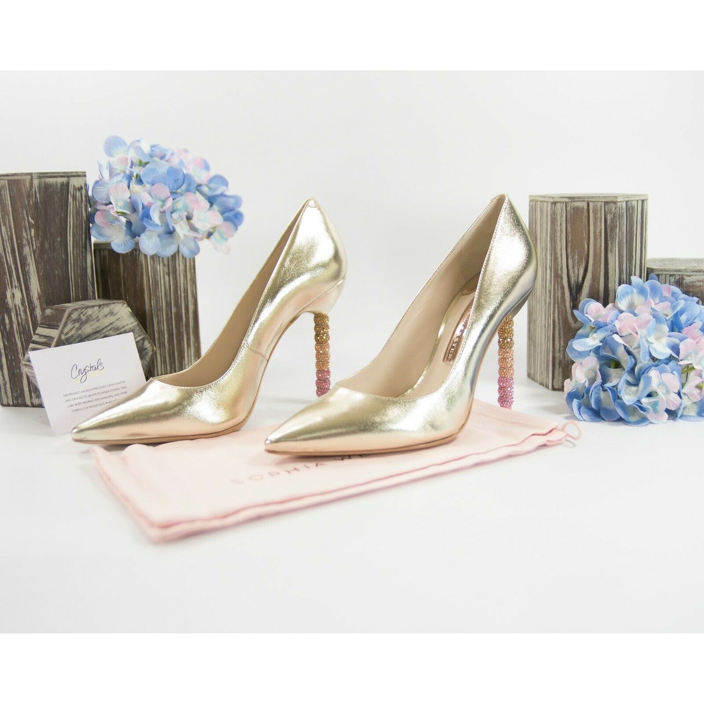 Sophia Webster Coco Gold Leather Ombre Crystal Encrusted Heels Size 37 7 NIB