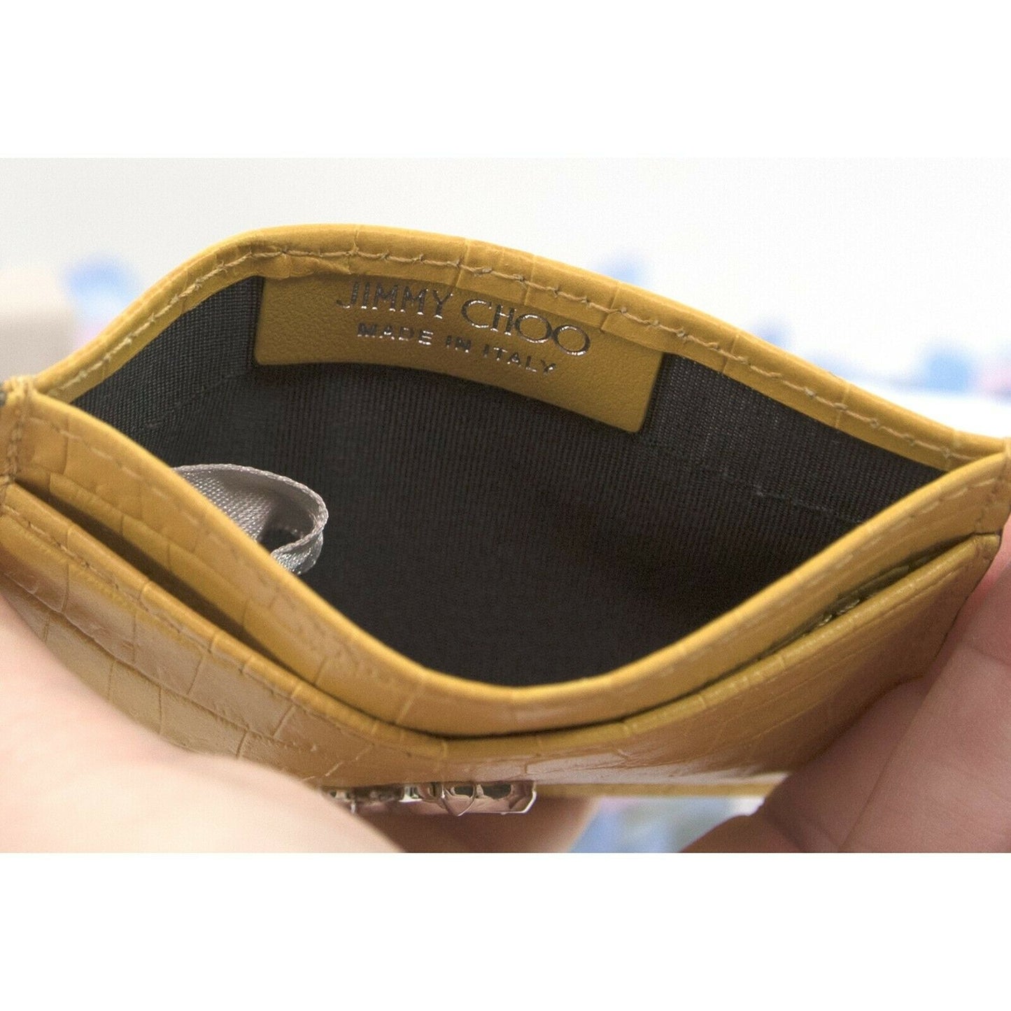 Jimmy Choo Umika Dark Sun Yellow Croc Leather Card Case Holder Wallet NWT