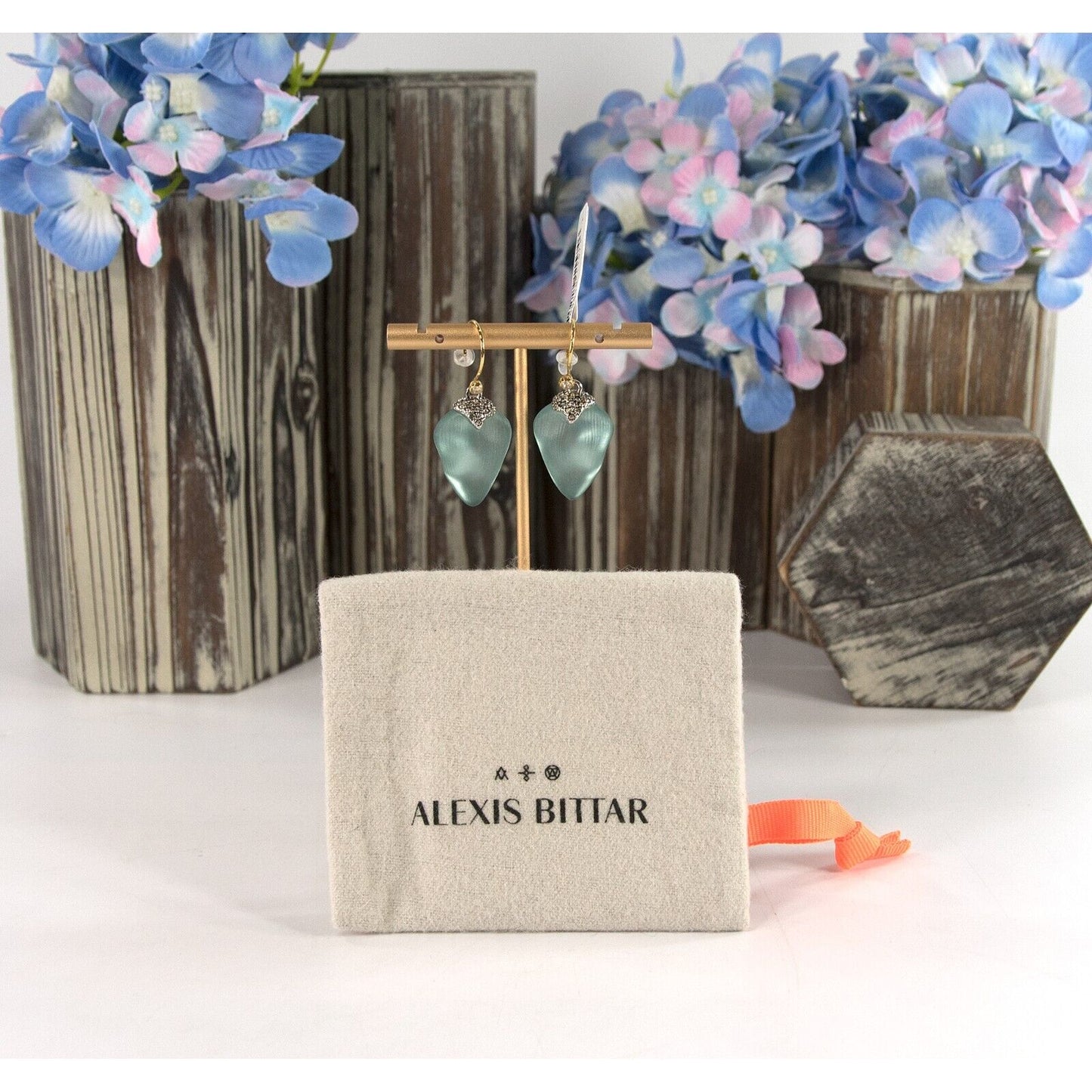 Alexis Bittar Blue Grey Lucite Solanales Crystal Gold Drop Earrings NWT