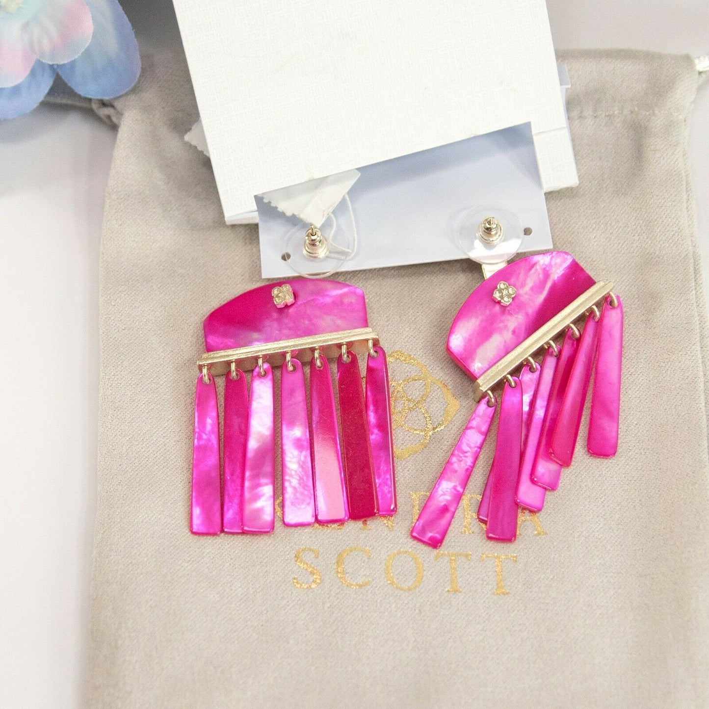 Kendra Scott Layne Magenta Mother of Pearl Gold Fringe Large Drop Earrings NWT