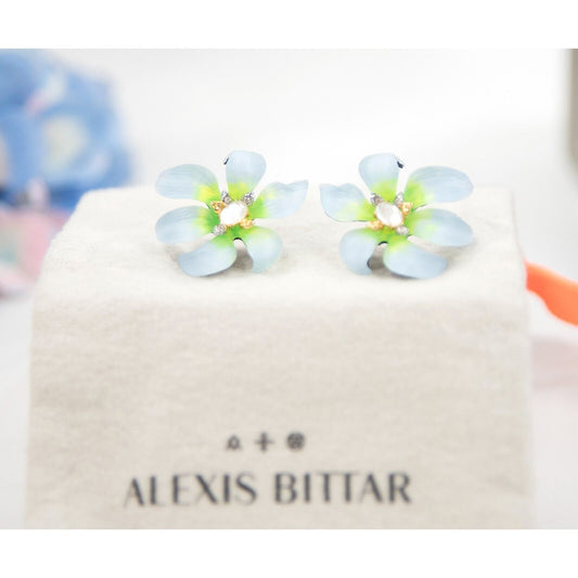 Alexis Bittar Aurora Blue Lily Flower Lucite Crystal Large Stud Earrings NWT
