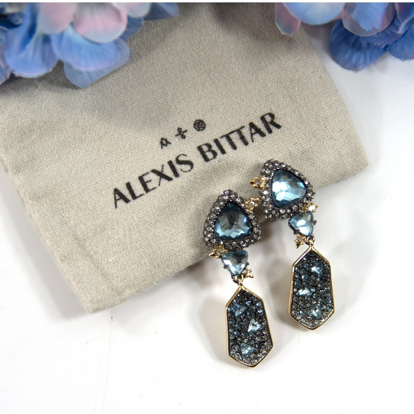 Alexis Bittar Blue Crystal Rhodium Plated Shield Drop CLIP ON Earrings NWT RARE!