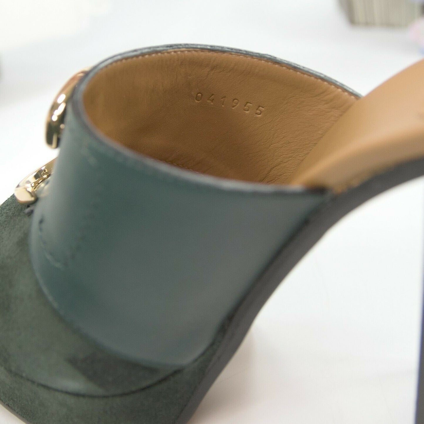 Chloe British Green Suede Leather C Logo Platform Sandal Heels 36 NIB