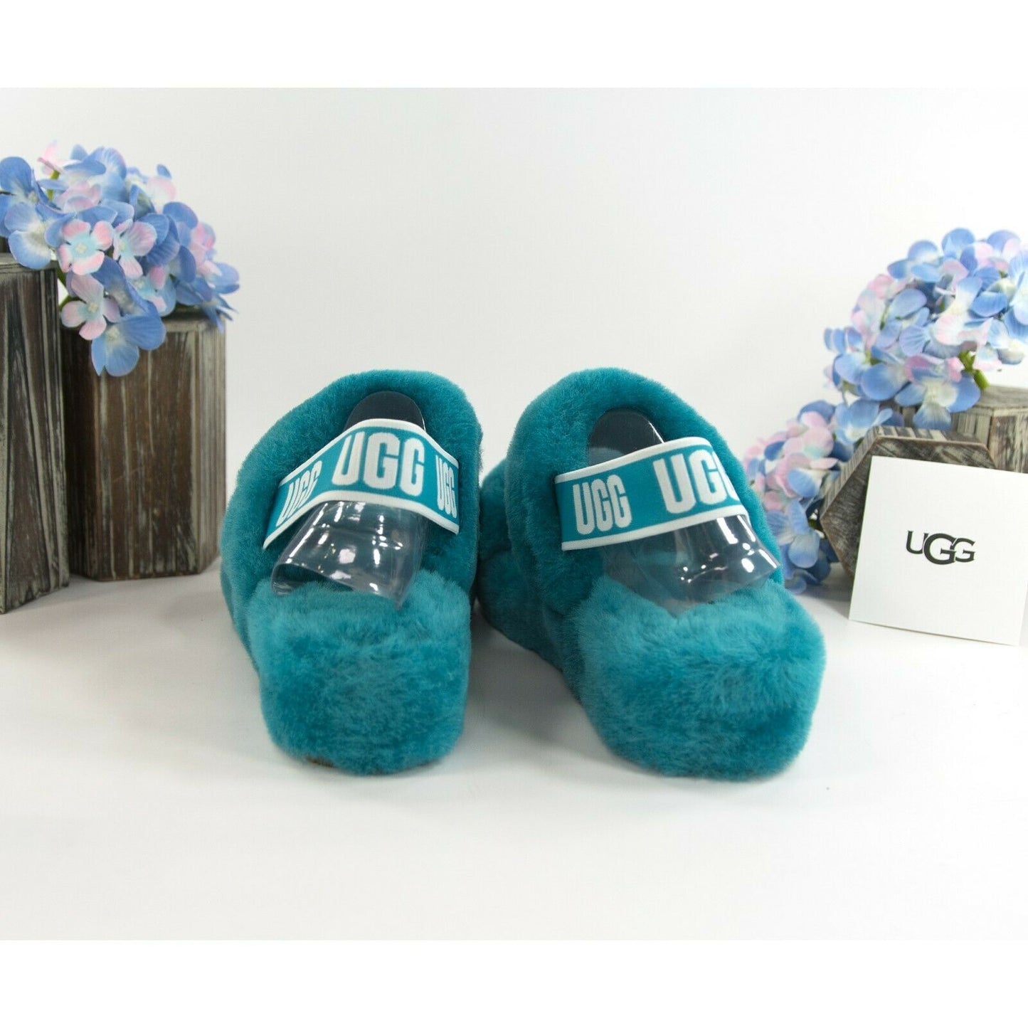 UGG Fluff Oh Yea Aqua Blue Sheepskin Fur Slippers Slides Sandals Sz 7 NIB