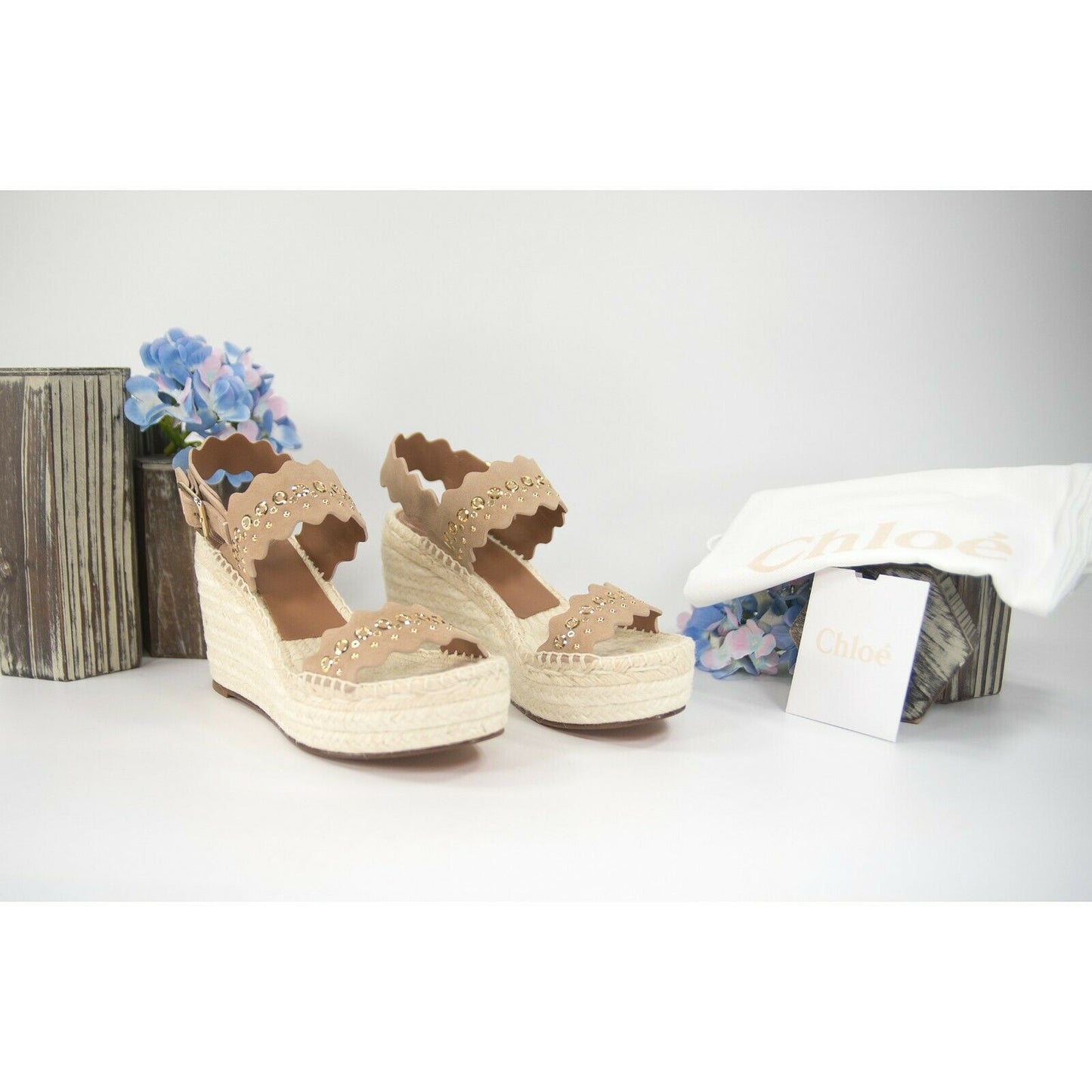 Chloe Lauren Studded Grommet Suede Espadrille Wedge Heels Sandals Size 37 NIB