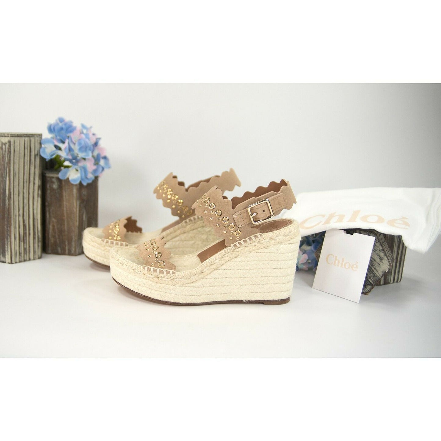 Chloe Lauren Studded Grommet Suede Espadrille Wedge Heels Sandals Size 37 NIB