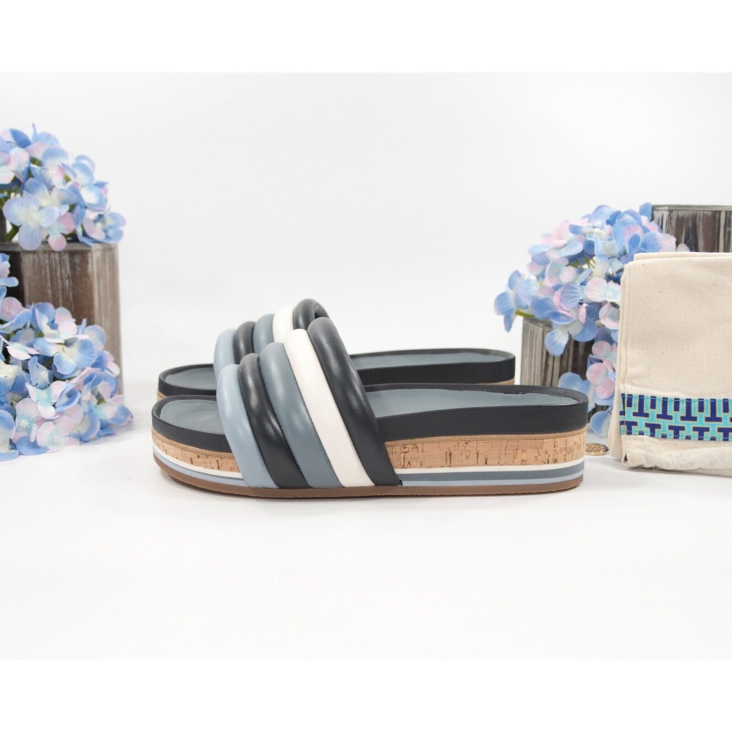 Tory Burch Perfect Navy Light Blue Nappa Quilted Leather Platform Slide 9 NIB