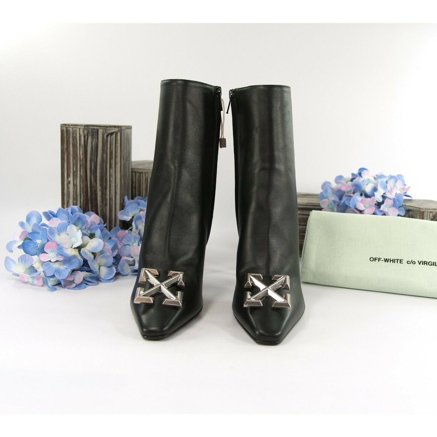 Off White Black Lambskin Arrow Heeled Bootie Boots Size 37 NIB