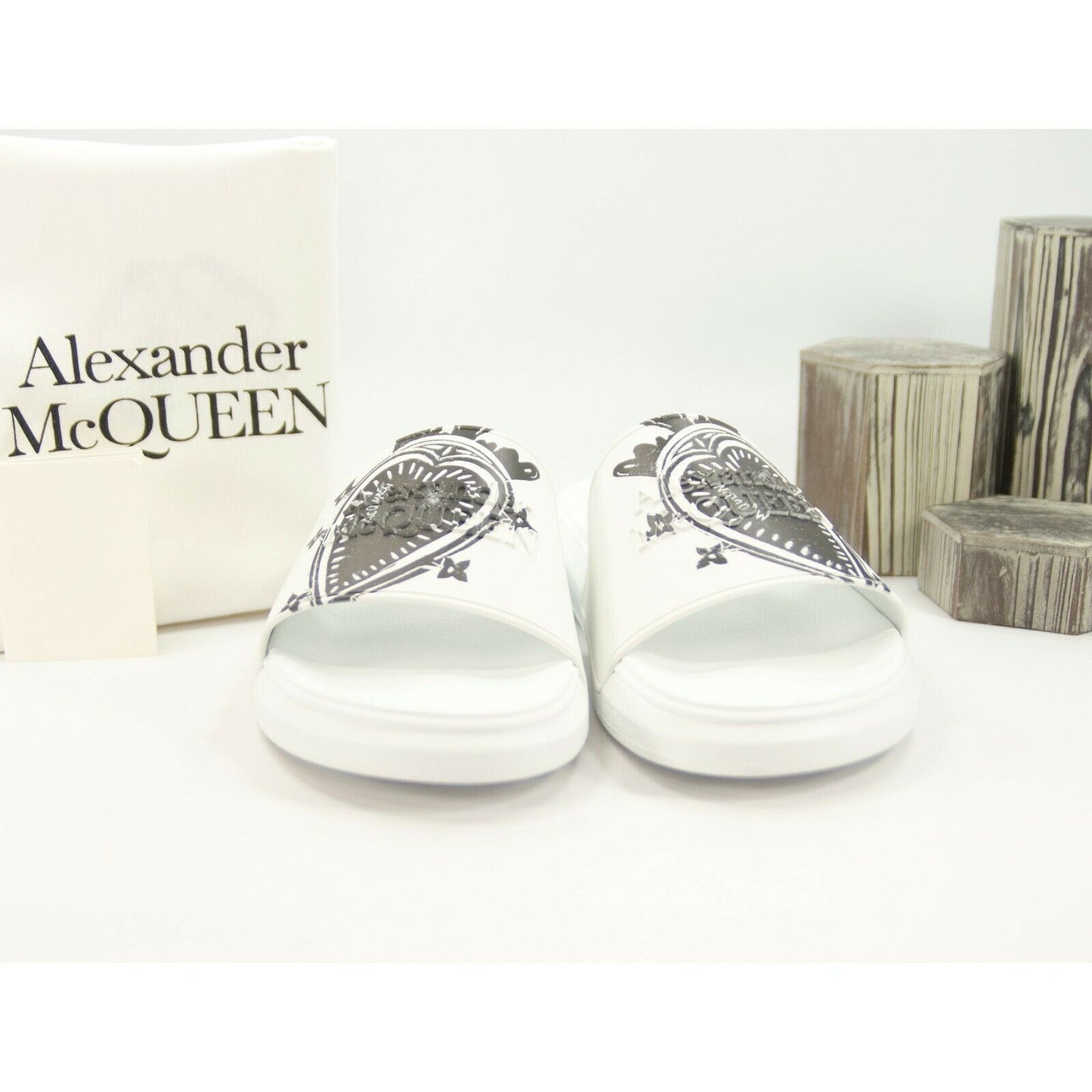 Alexander McQueen Mens White Heart Logo Leather Rubber Pool Slides 45 12 NIB