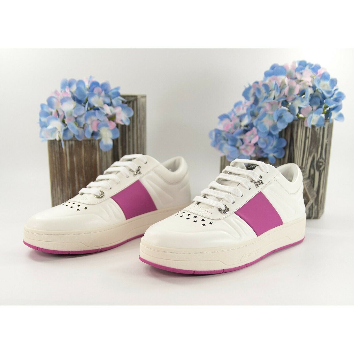 Jimmy Choo Hawaii Fuchsia Stripe Leather Flatform Sneakers 38 NIB