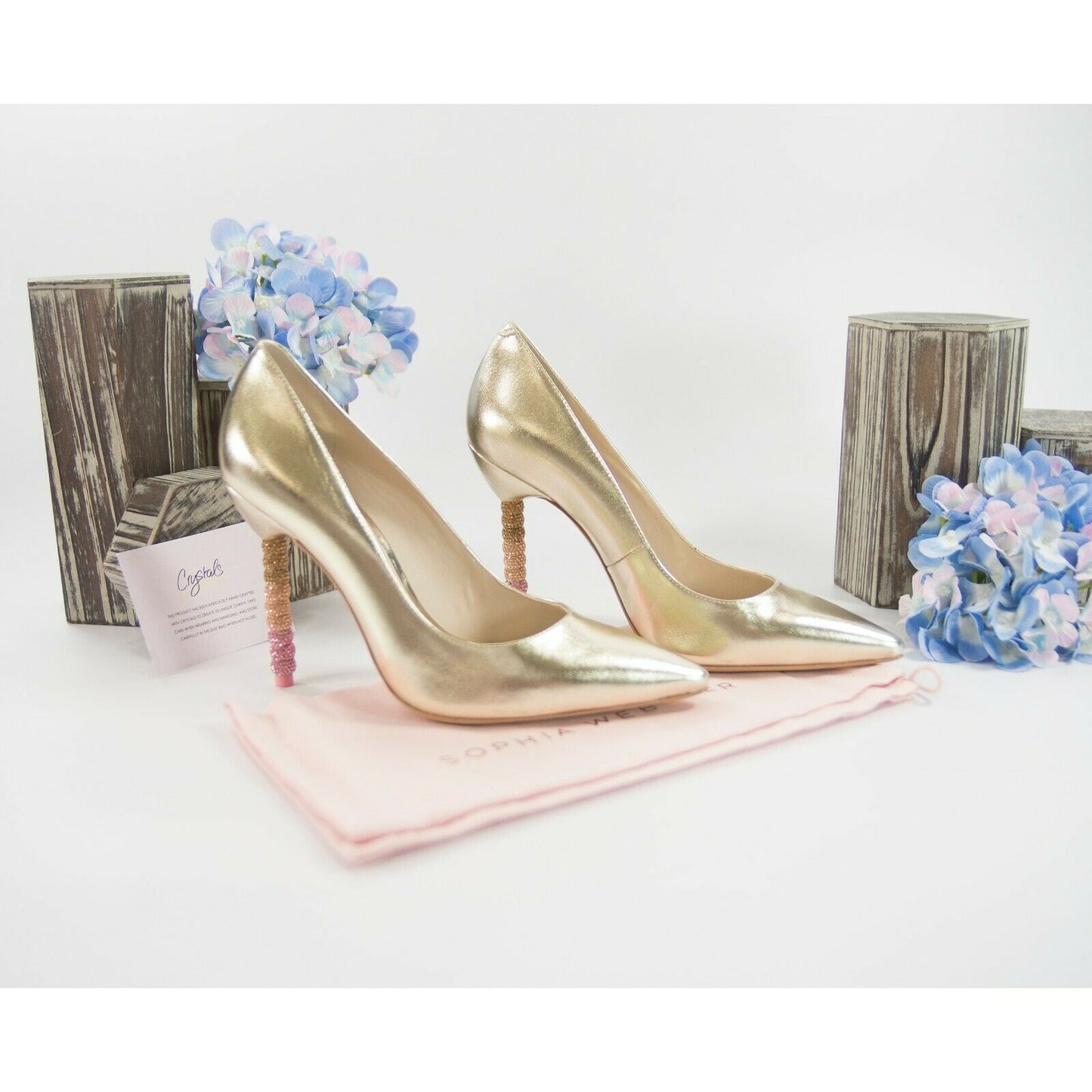 Sophia Webster Coco Gold Leather Ombre Crystal Encrusted Heels Size 37 7 NIB