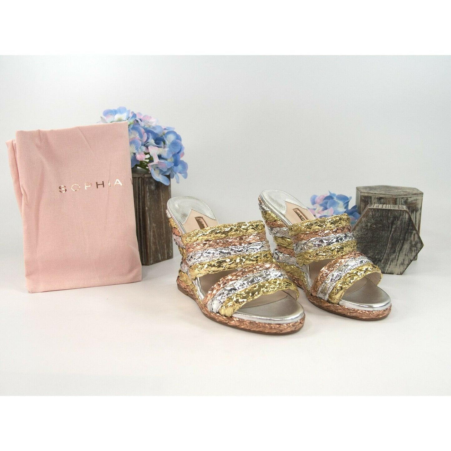 Sophia Webster Metallic Leather Ines Raffia Espadrille Wedge Heels Size 36.5 NIB