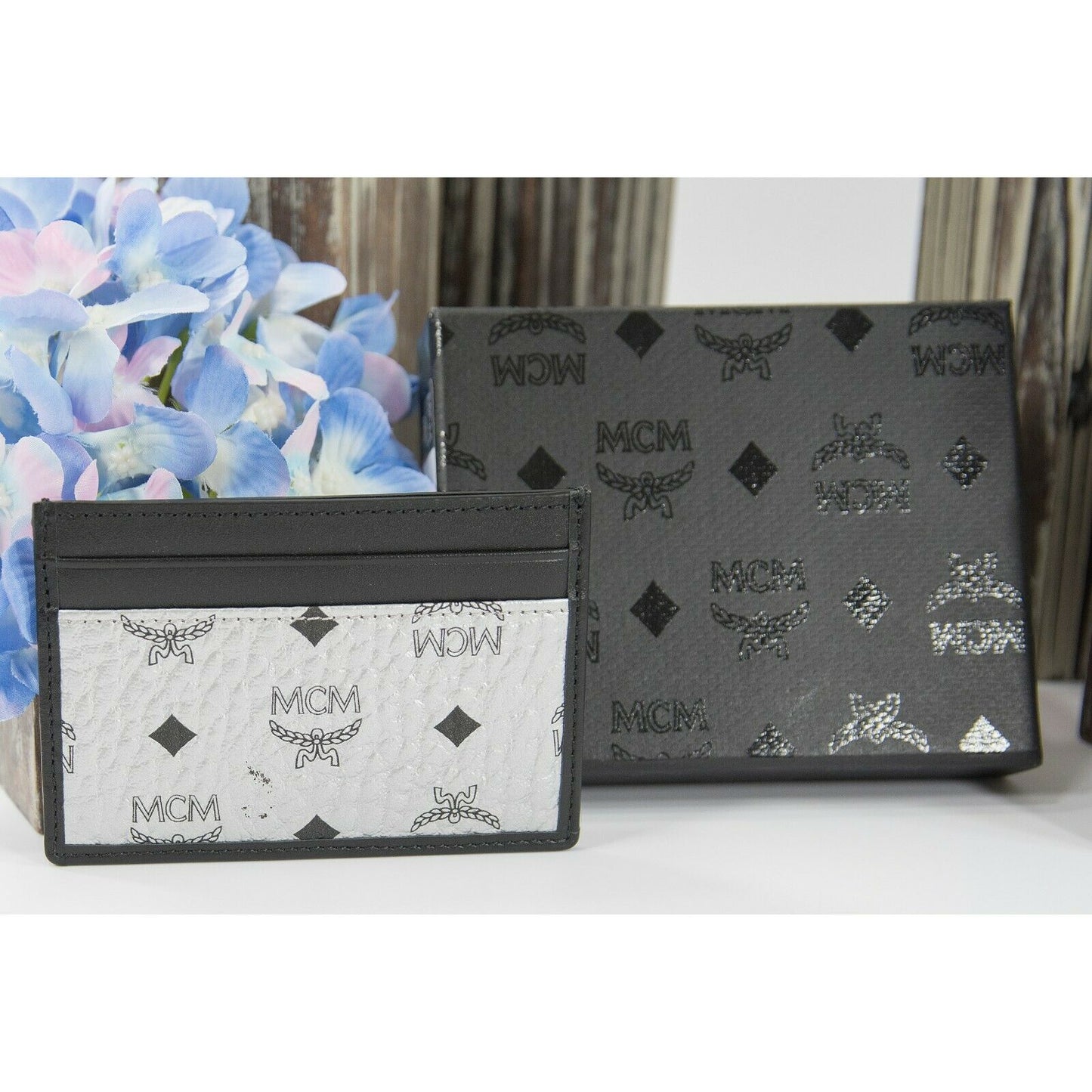 MCM Monogram Spot Viseto Black Silver Leather Card Case Holder NWT