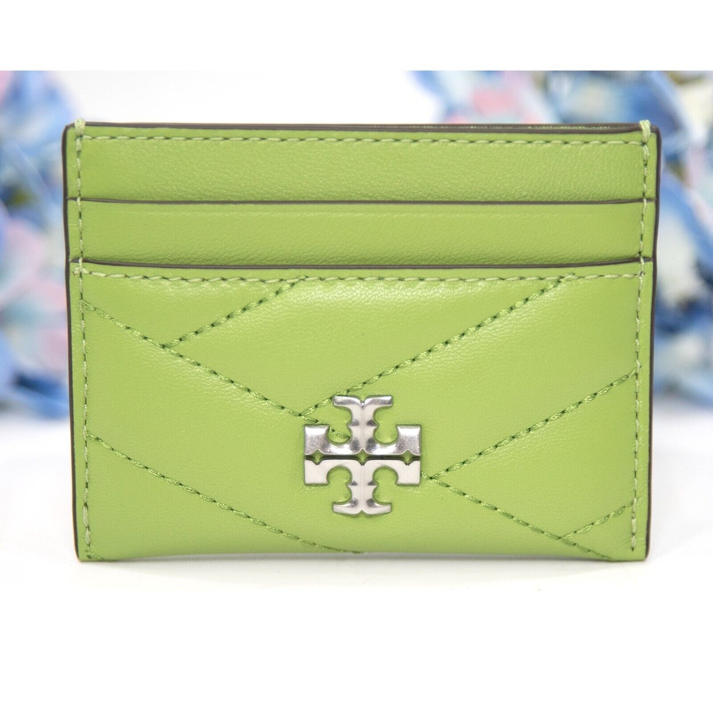 Tory Burch Wild Leaves Green Leather Kira Quilted Logo Card Case Mini Wallet NWT