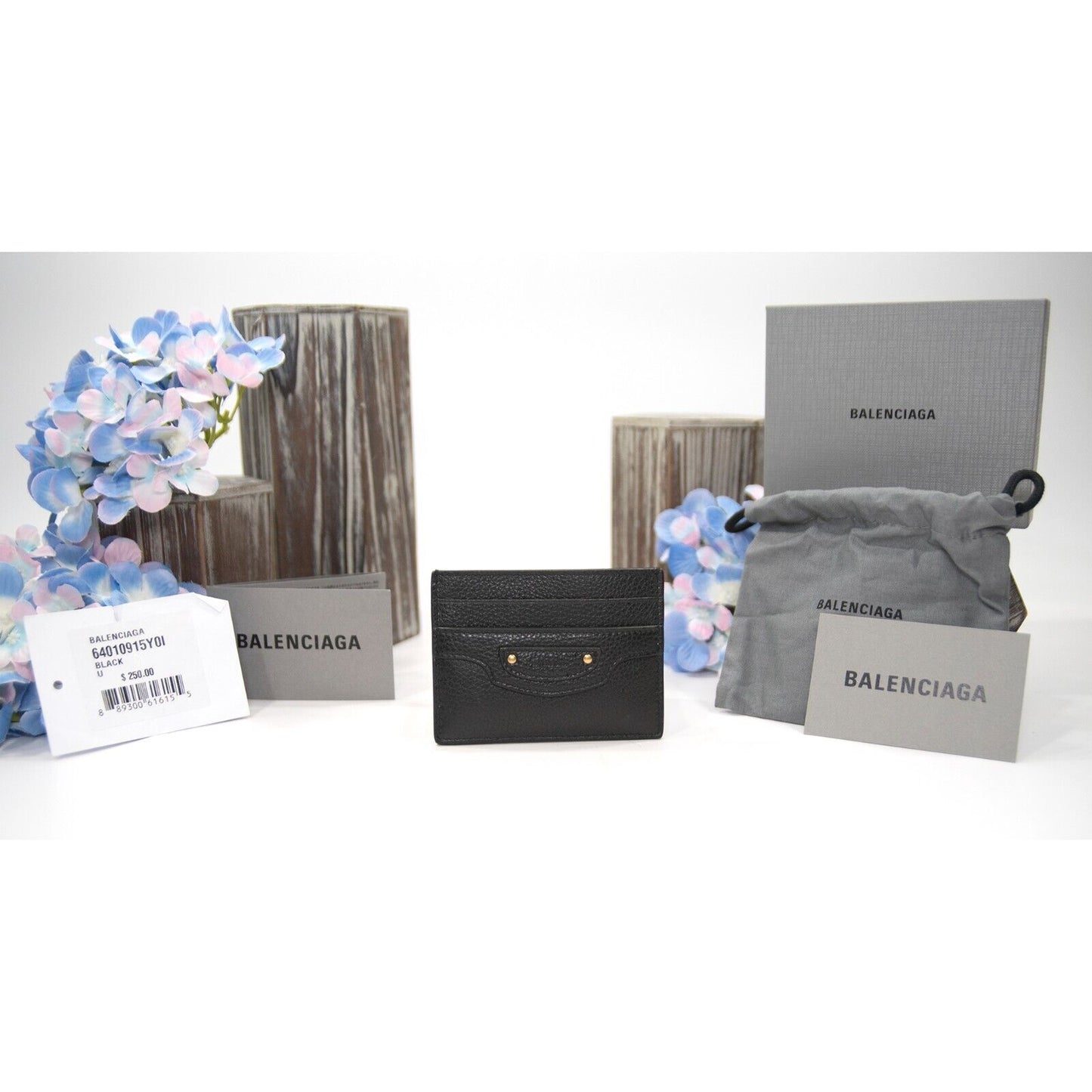 Balenciaga Black Leather Leather Logo City Card Case Mini Wallet NWT