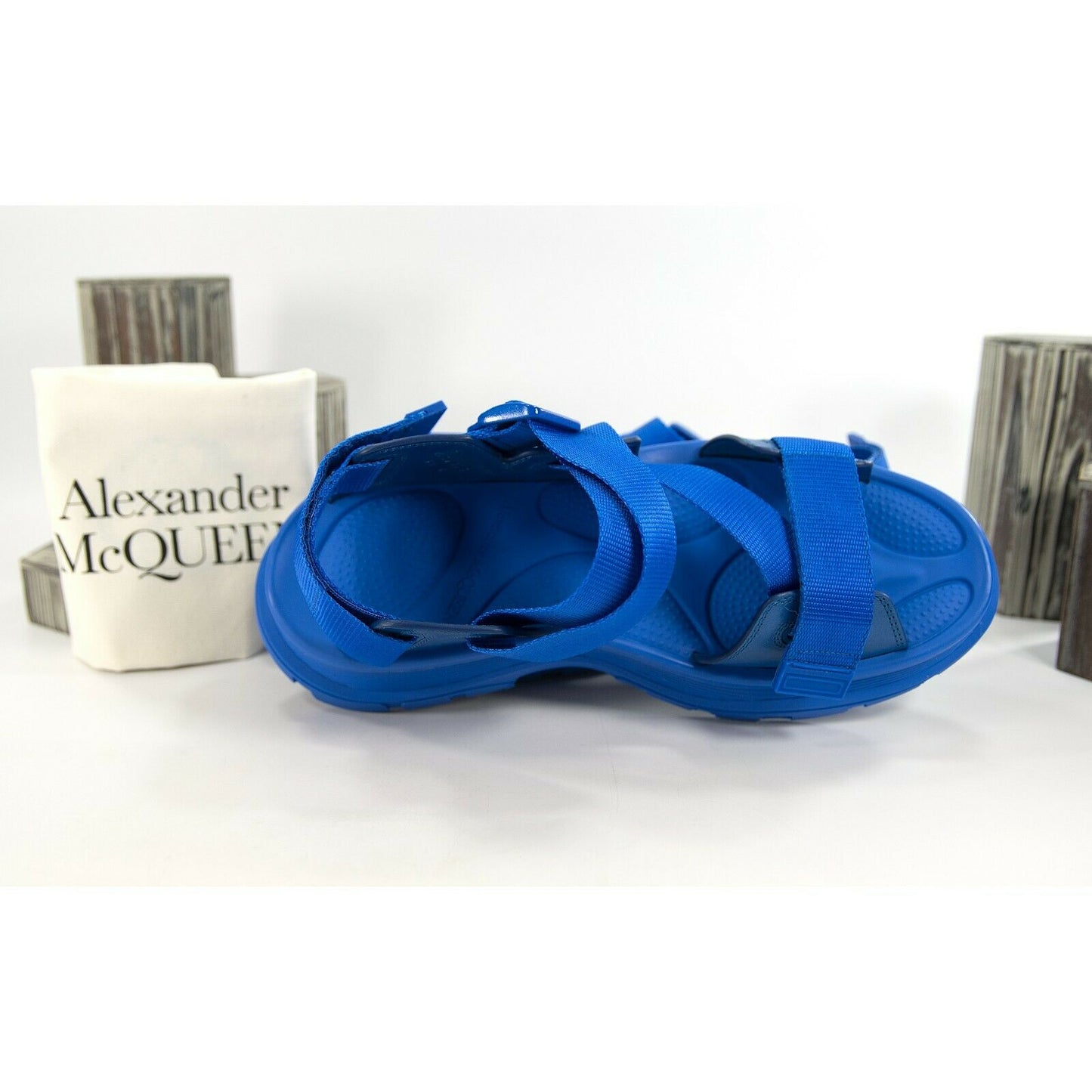 Alexander McQueen Blue Mens Hybrid Tech Leather Rubber Sandals 44 NIB