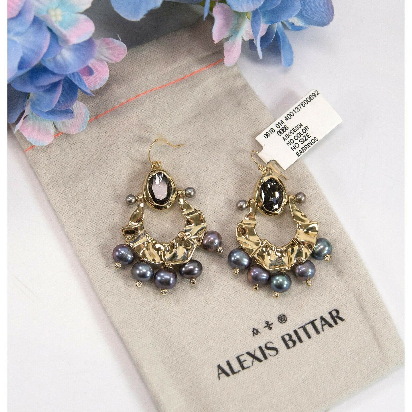 Alexis Bittar Gold Navette Crystal Pearl Chandelier Large Drop Earrings NWT