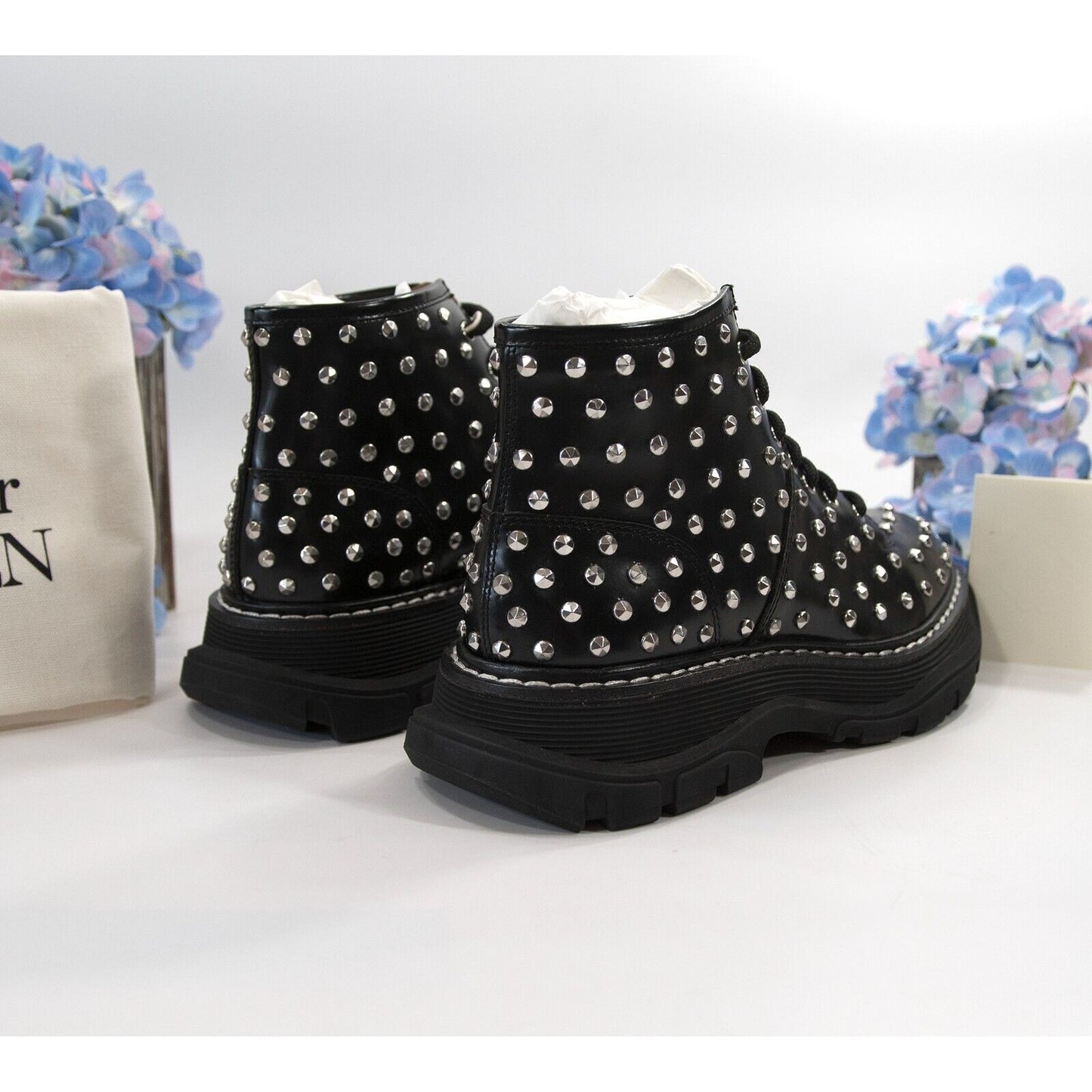 Alexander McQueen Tread Slick Studded Black Leather Lug Sole Boots 37 NIB