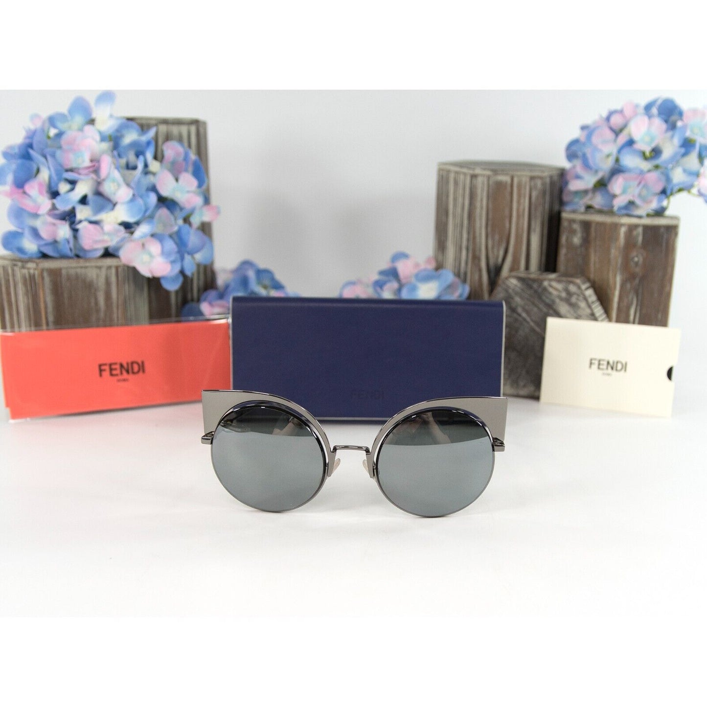 Fendi FF0177S Black Metal Acrylic Round Cat Eye Sunglasses NWT Case