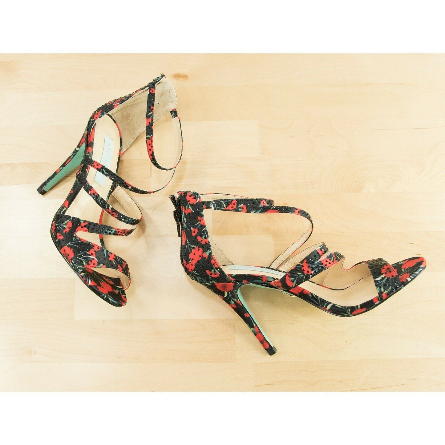 Betsey Johnson Izzy Black Red Satin Crystal Ankle Strap Stiletto Heels 6 NIB