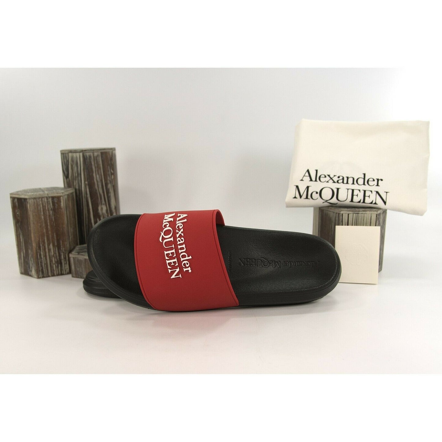 Alexander McQueen Mens Lust Red Black Debossed Logo Rubber Pool Slides 45 12 NIB