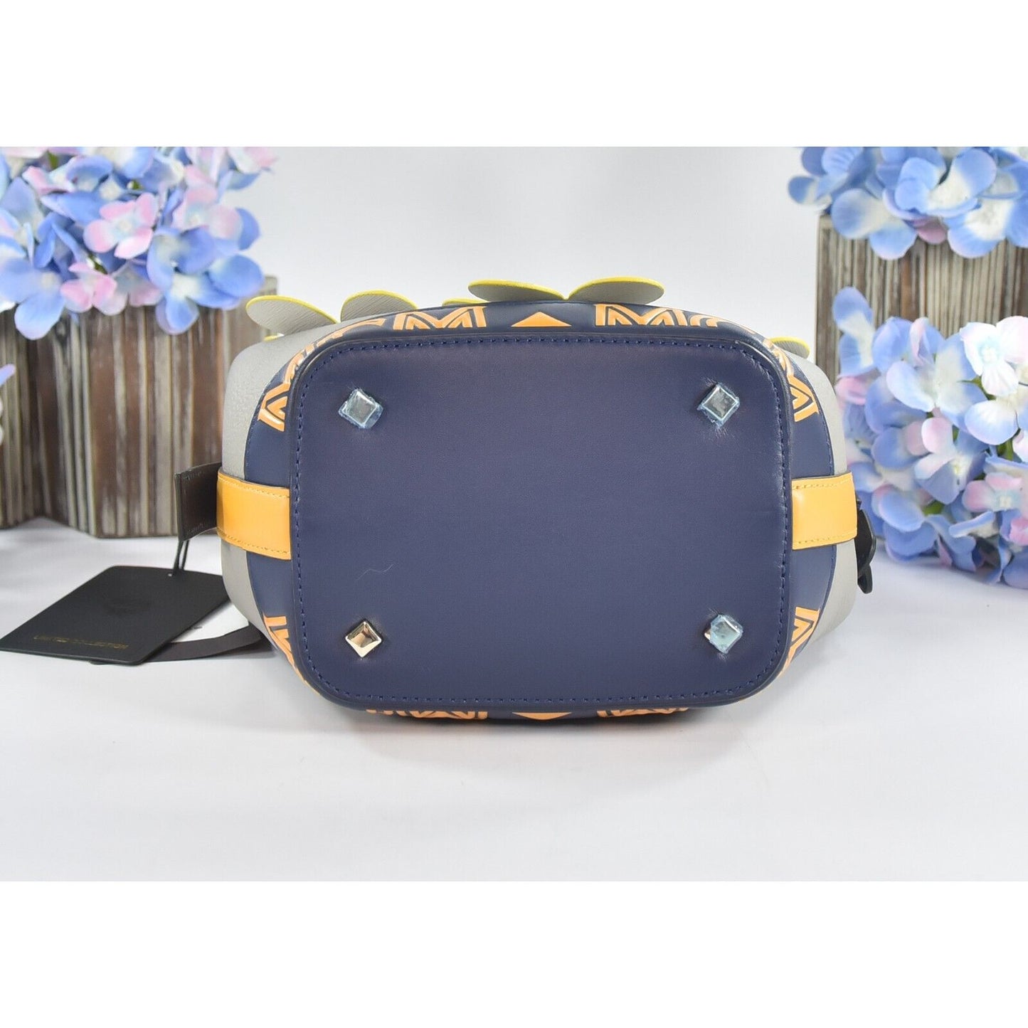 MCM Yellow Grey Goatskin Mini Upcycling Project Flower Milano Drawstring Bag NWT