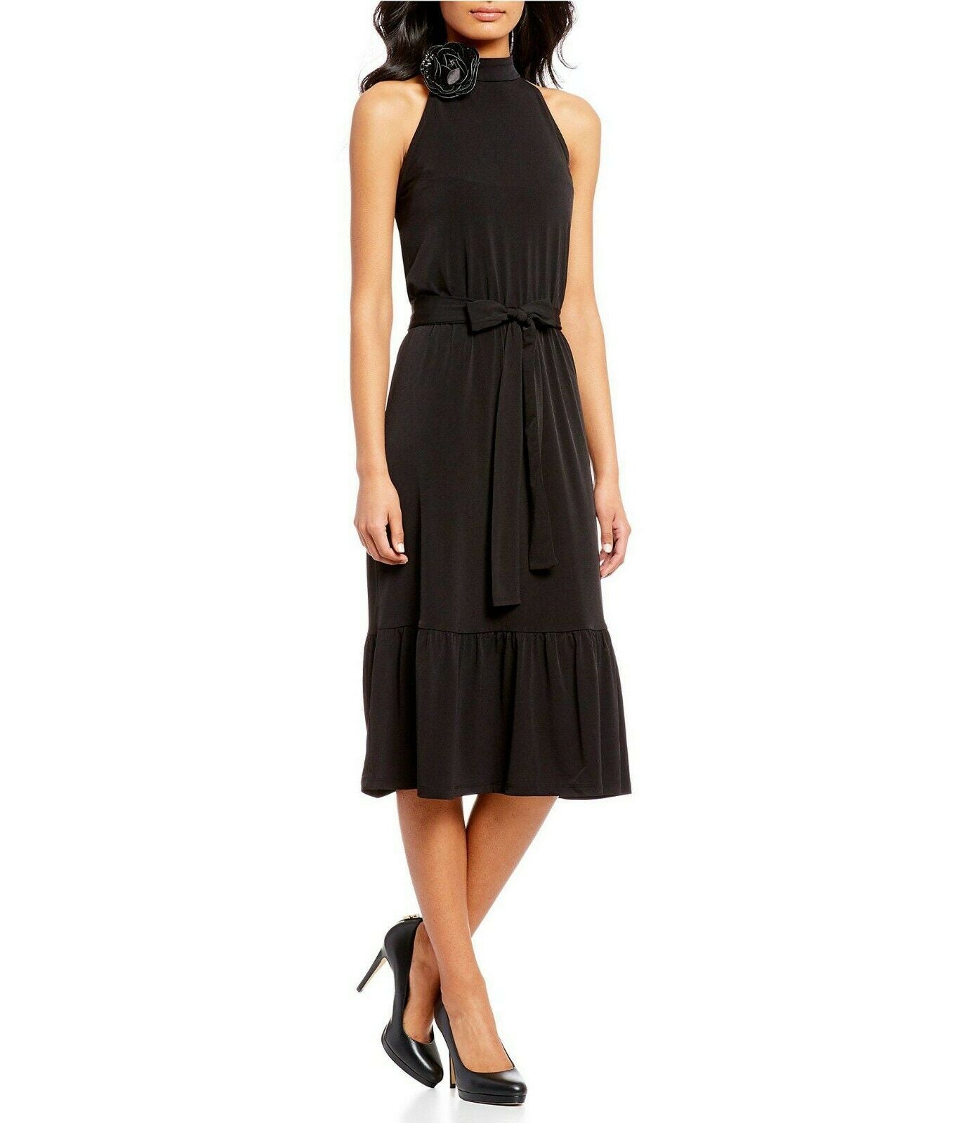 Michael Kors Black Halter Flounce Ruffle Camellia Midi Fit Flare Dress XS NWT