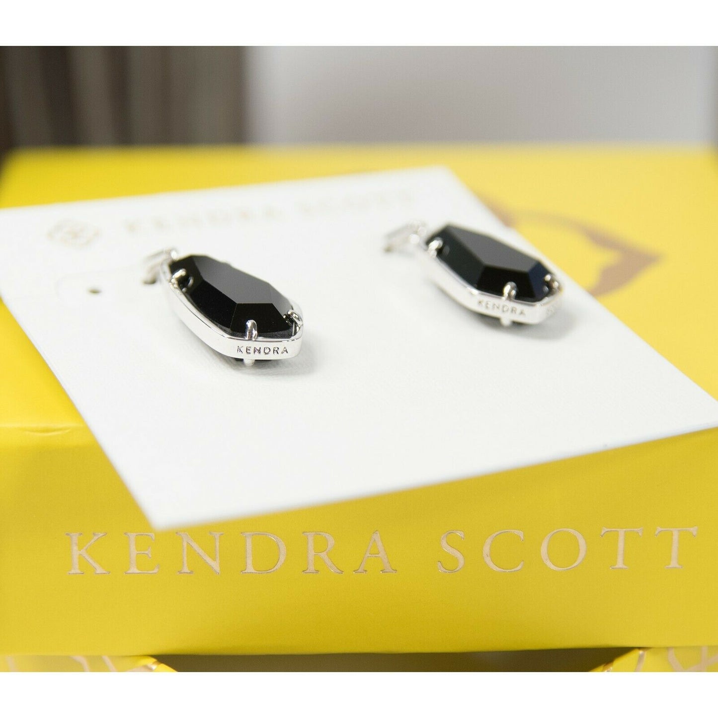 Kendra Scott Camelia Black Faceted Glass Rhodium Plated Drop Earrings NWT