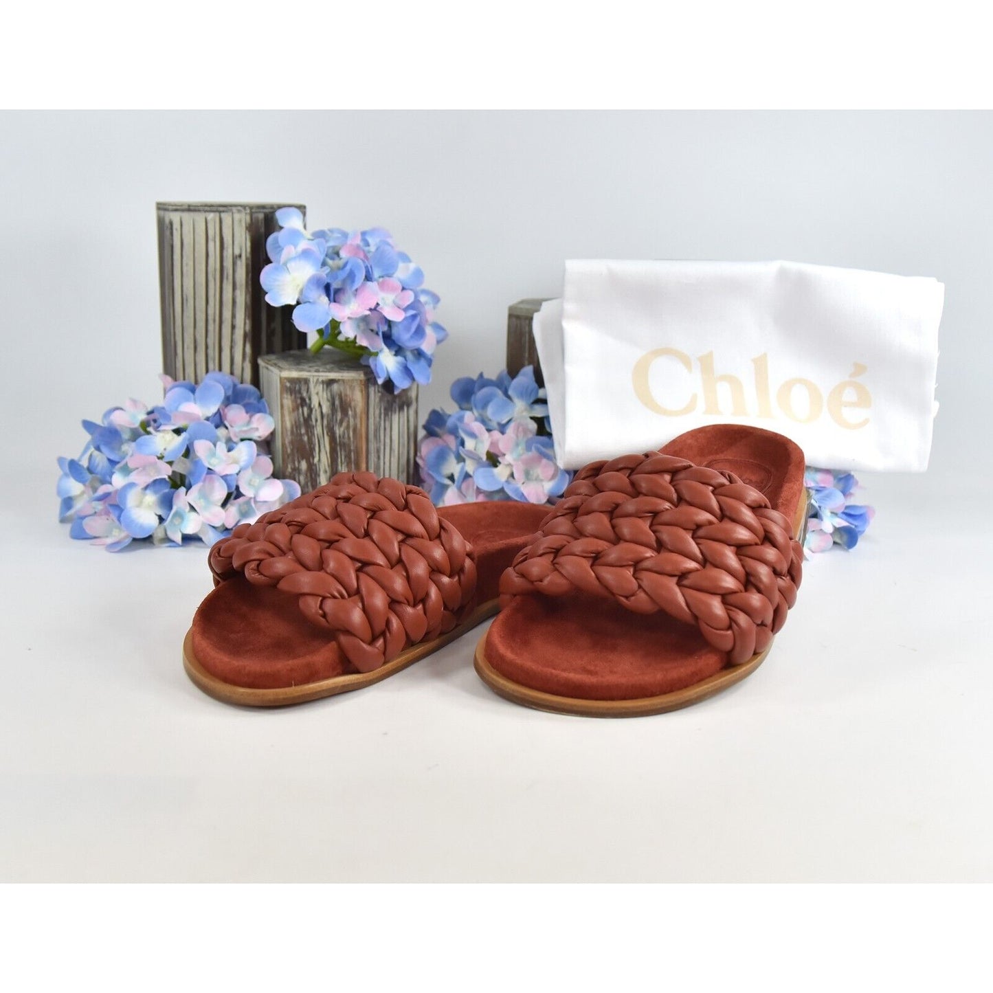 Chloe Terracotta Brown Leather Kacey Woven Flat Mules Slides Sz 37 NIB