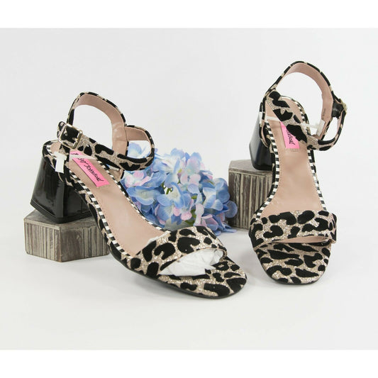 Betsey Johnson Deena Gold Leopard Ankle Strap Chunky Block Heels 7.5 NIB