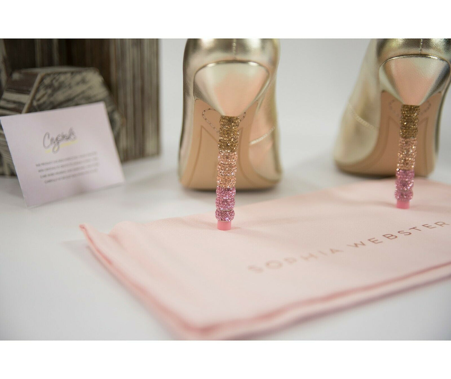 Sophia Webster Coco Gold Leather Ombre Crystal Encrusted Heels Size 37 7 NIB