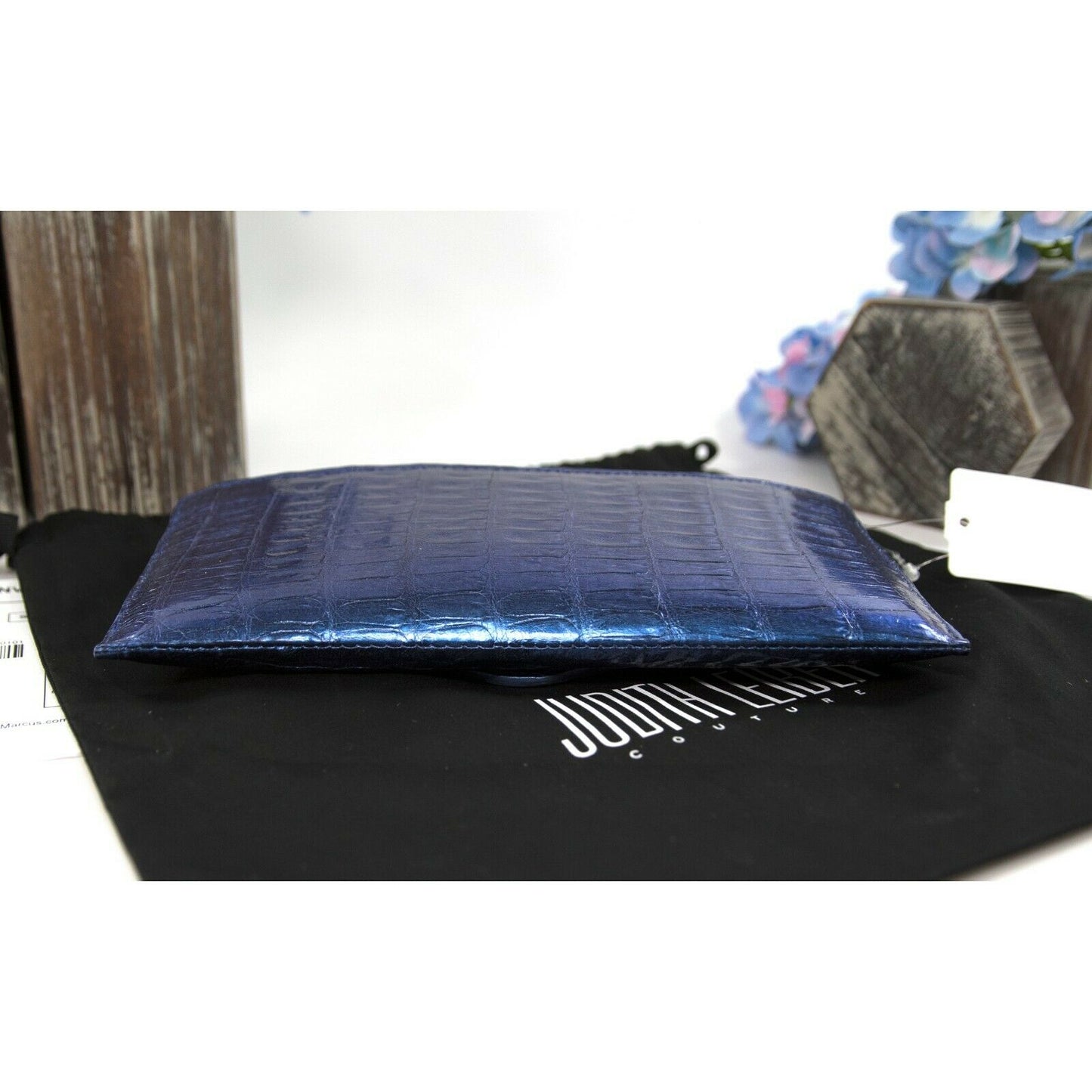Judith Leiber Cobalt Blue Caiman Crocodile Envelope Clutch Evening Bag NWT