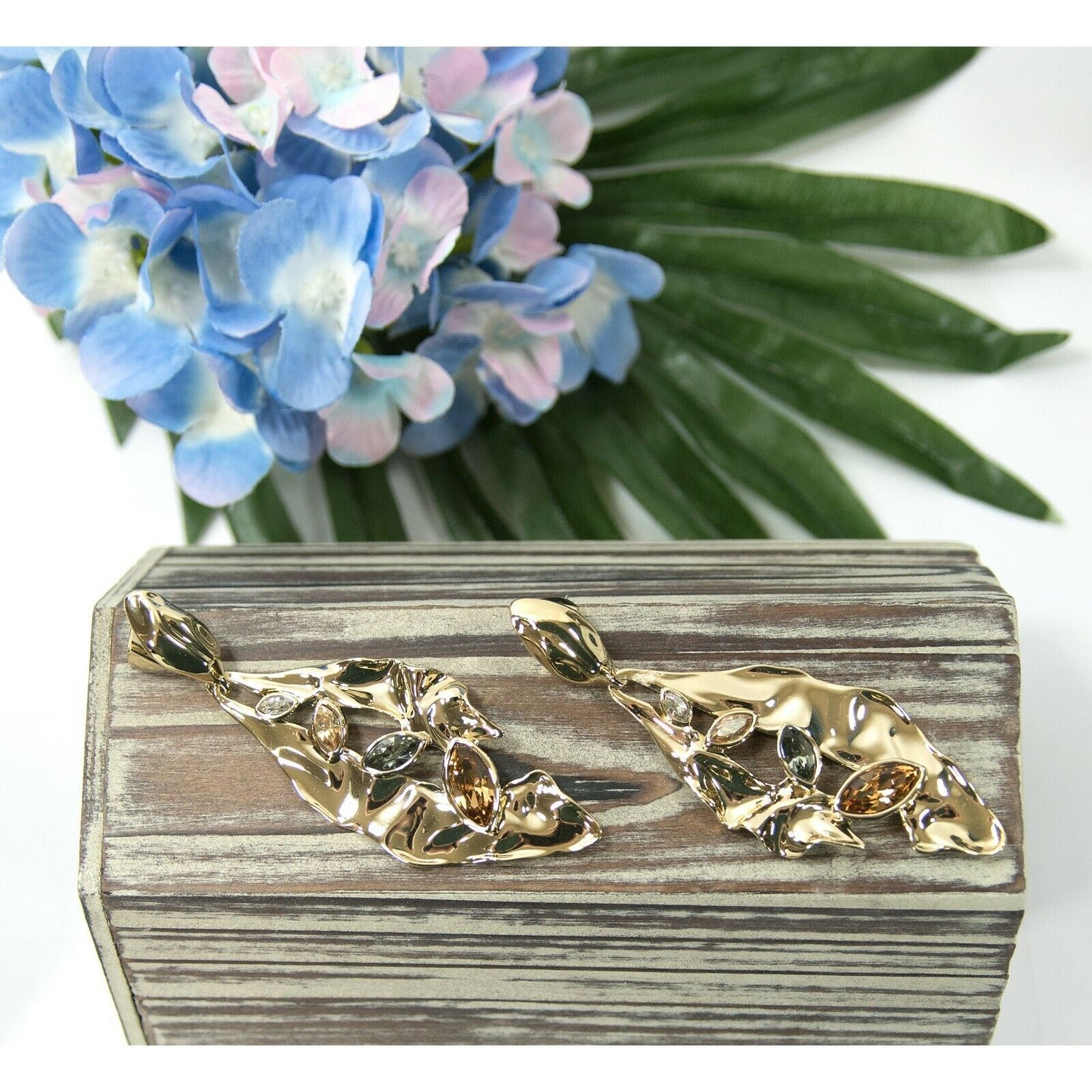 Alexis Bittar Stone Studded Crumpled Metal 14k Gold Plated Navette Earrings NWT