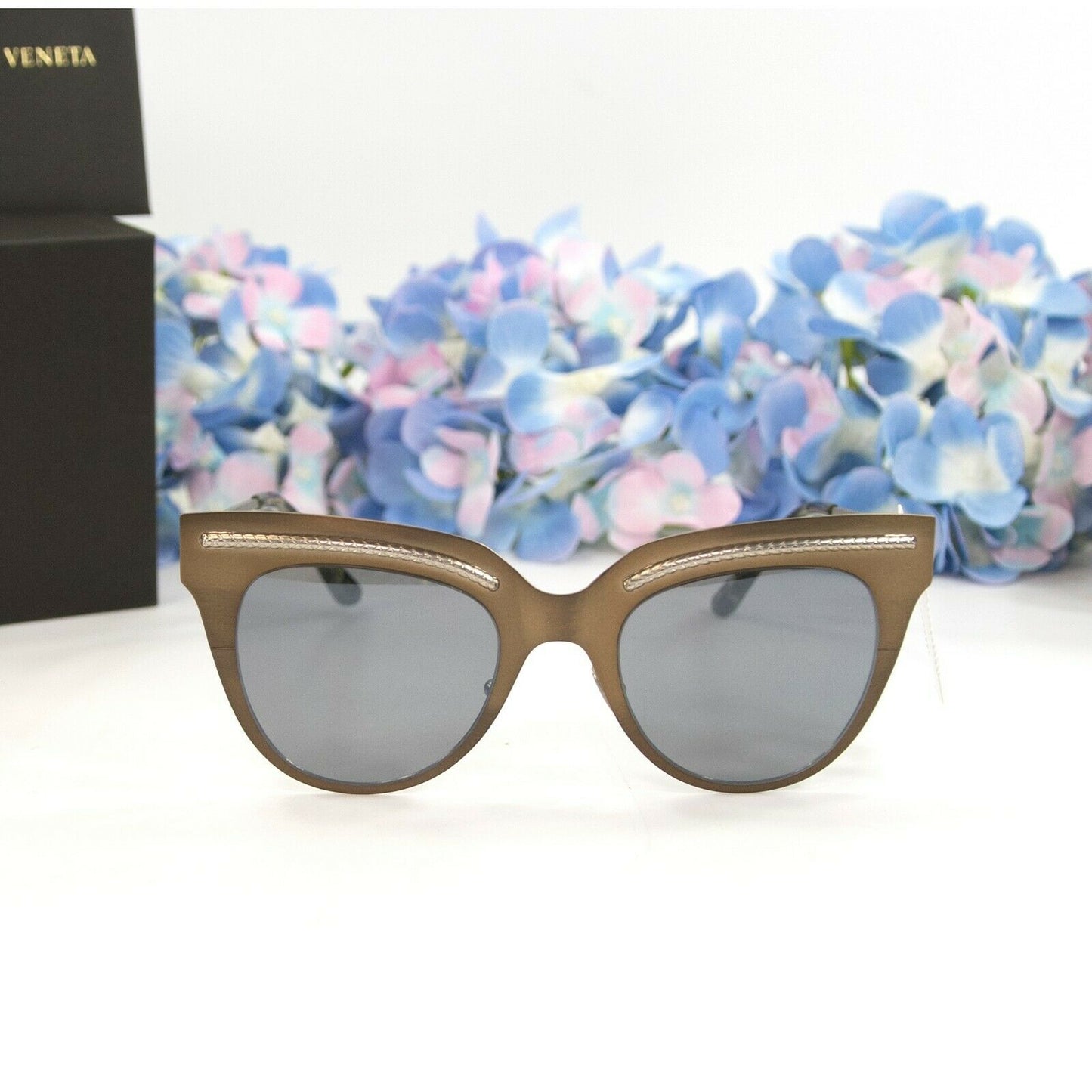 Bottega Veneta Burnished Thin Frame Cat Eye Metal Logo Sunglasses NWT Case