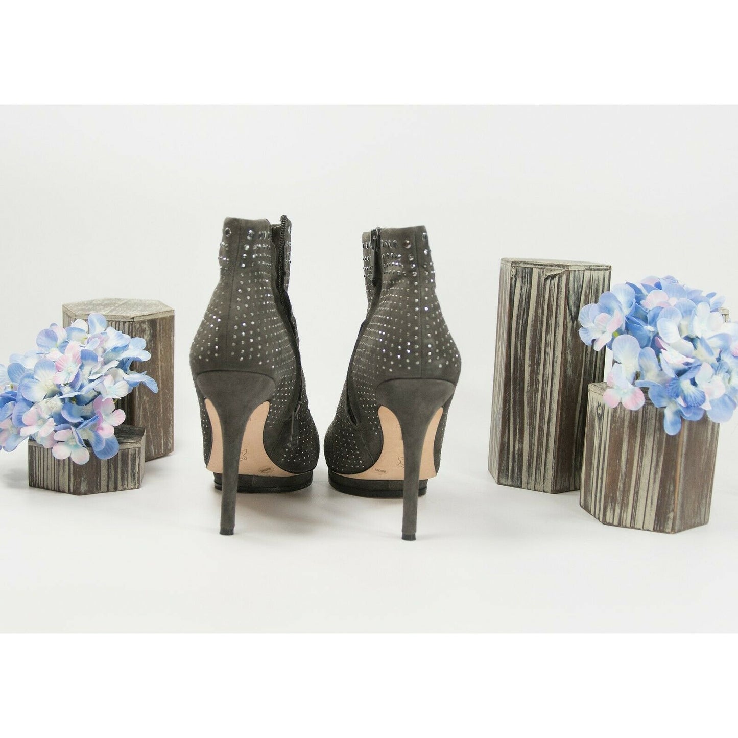 BCBG MaxAzria Grigio Grey Studded Kid Suede Leather High Heel Bootie Size 9.5