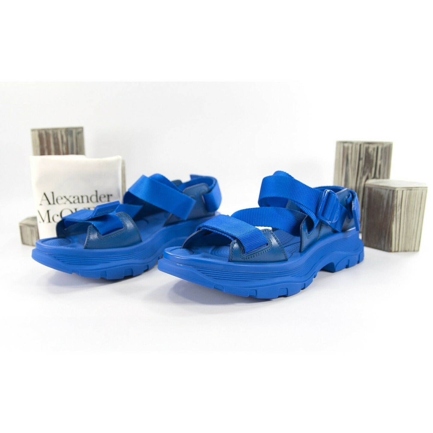 Alexander McQueen Blue Mens Hybrid Tech Leather Rubber Sandals 44 NIB