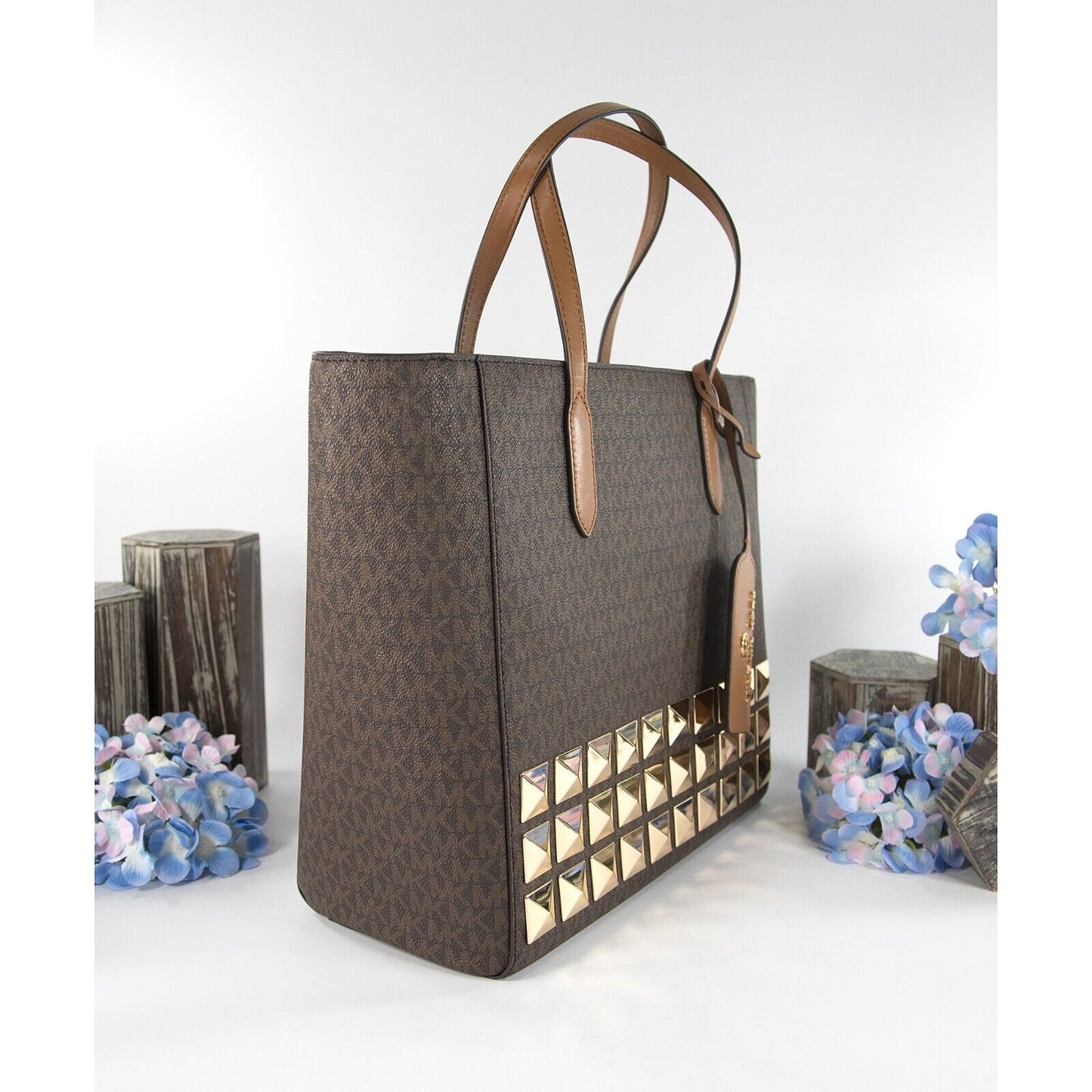 Michael Kors Brown Monogram Acorn Leather Sinclair Large Studded Tote Bag NWT
