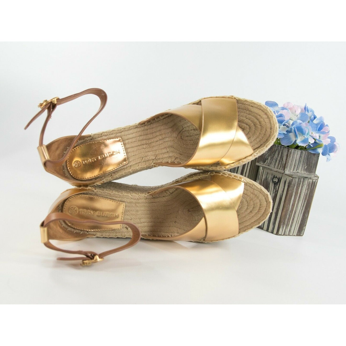 Tory Burch Selby 105MM Old Gold Calf Leather Platform Espadrille Wedge Heels 10