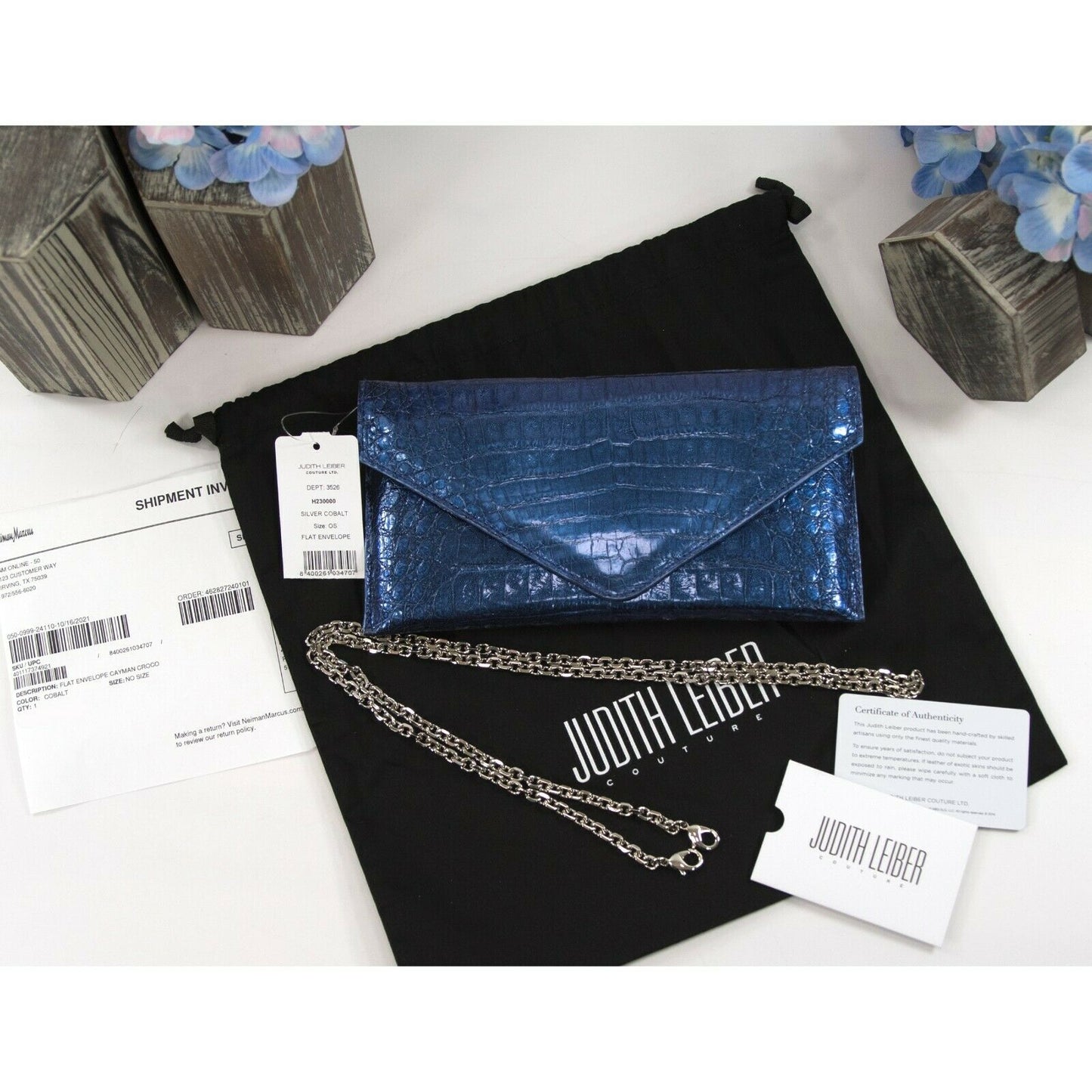 Judith Leiber Cobalt Blue Caiman Crocodile Envelope Clutch Evening Bag NWT