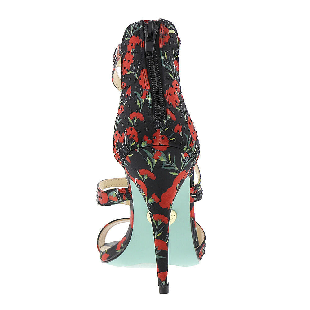 Betsey Johnson Izzy Black Red Satin Crystal Ankle Strap Stiletto Heels 6 NIB