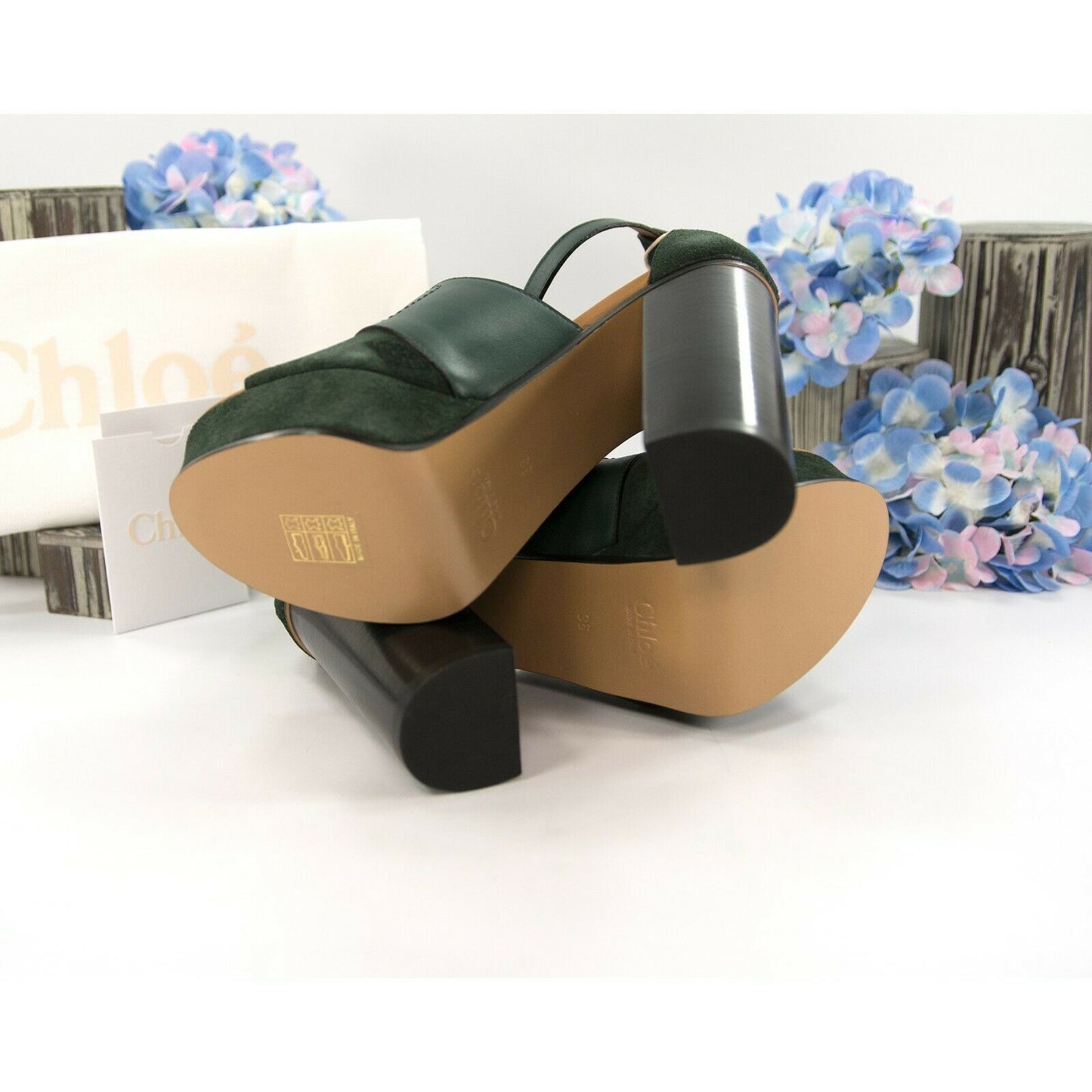 Chloe British Green Suede Leather C Logo Platform Sandal Heels 36 NIB
