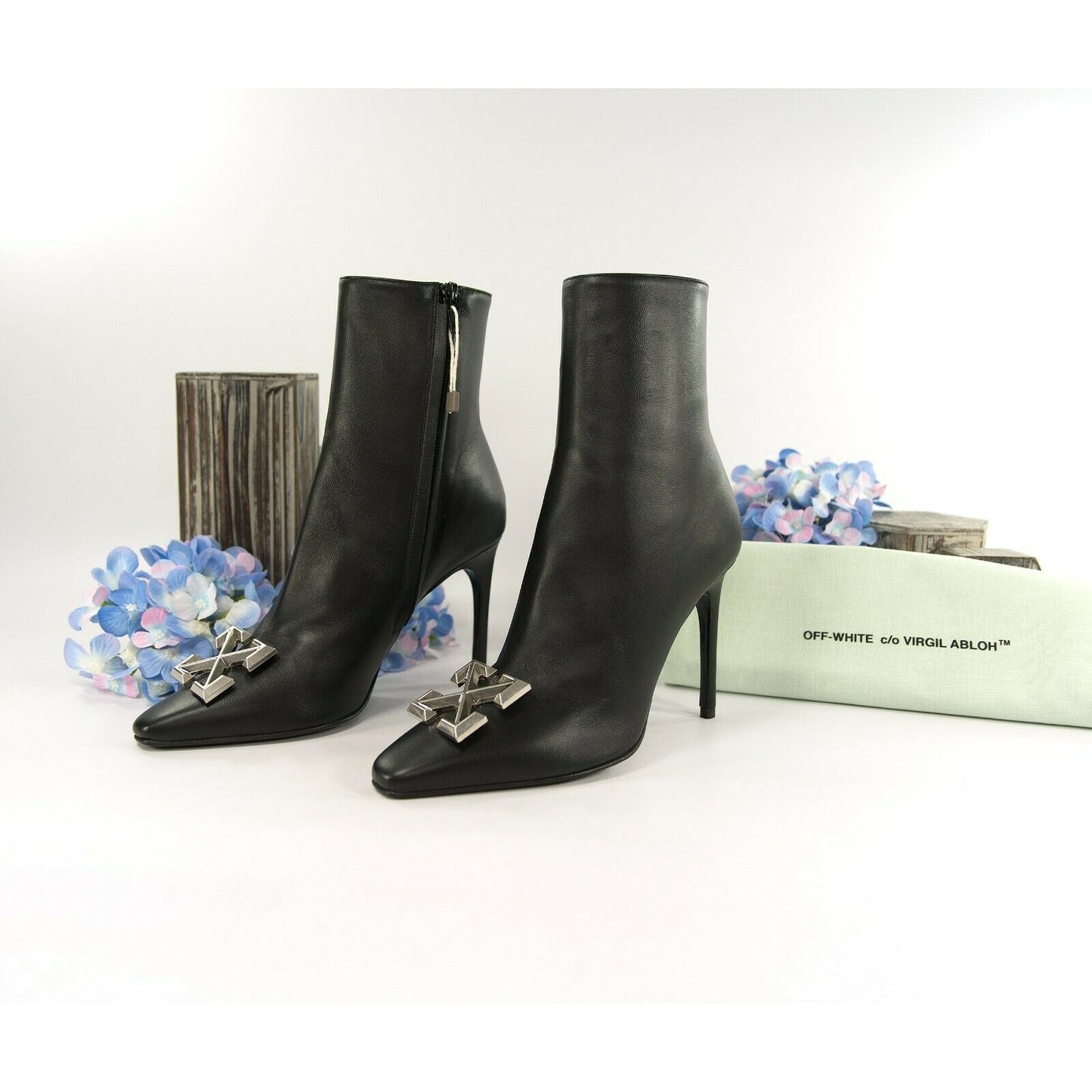 Off White Black Lambskin Arrow Heeled Bootie Boots Size 37 NIB