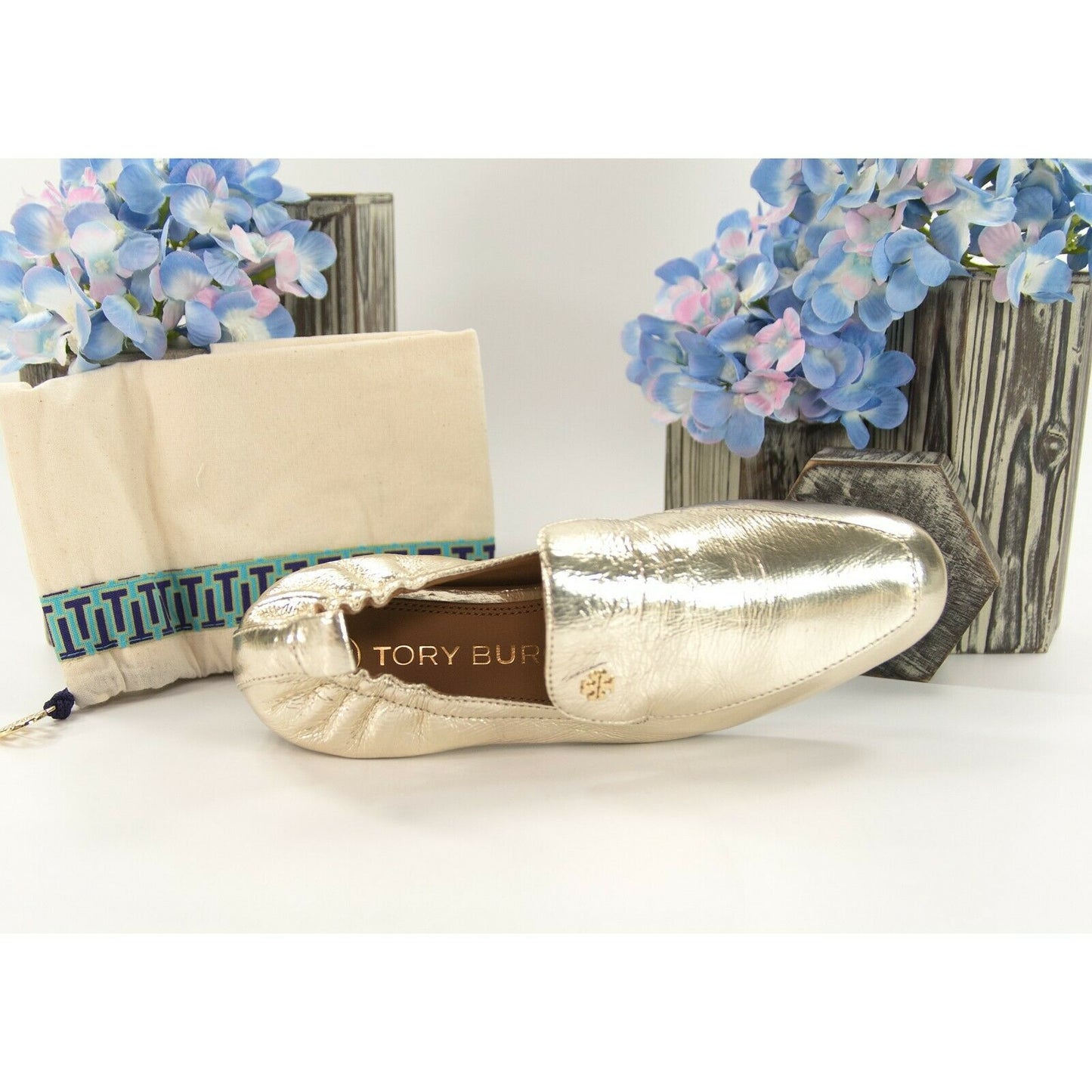 Tory Burch Kira 20MM Spark Gold Metallic Leather Elastic Loafer Sz 6 NIB